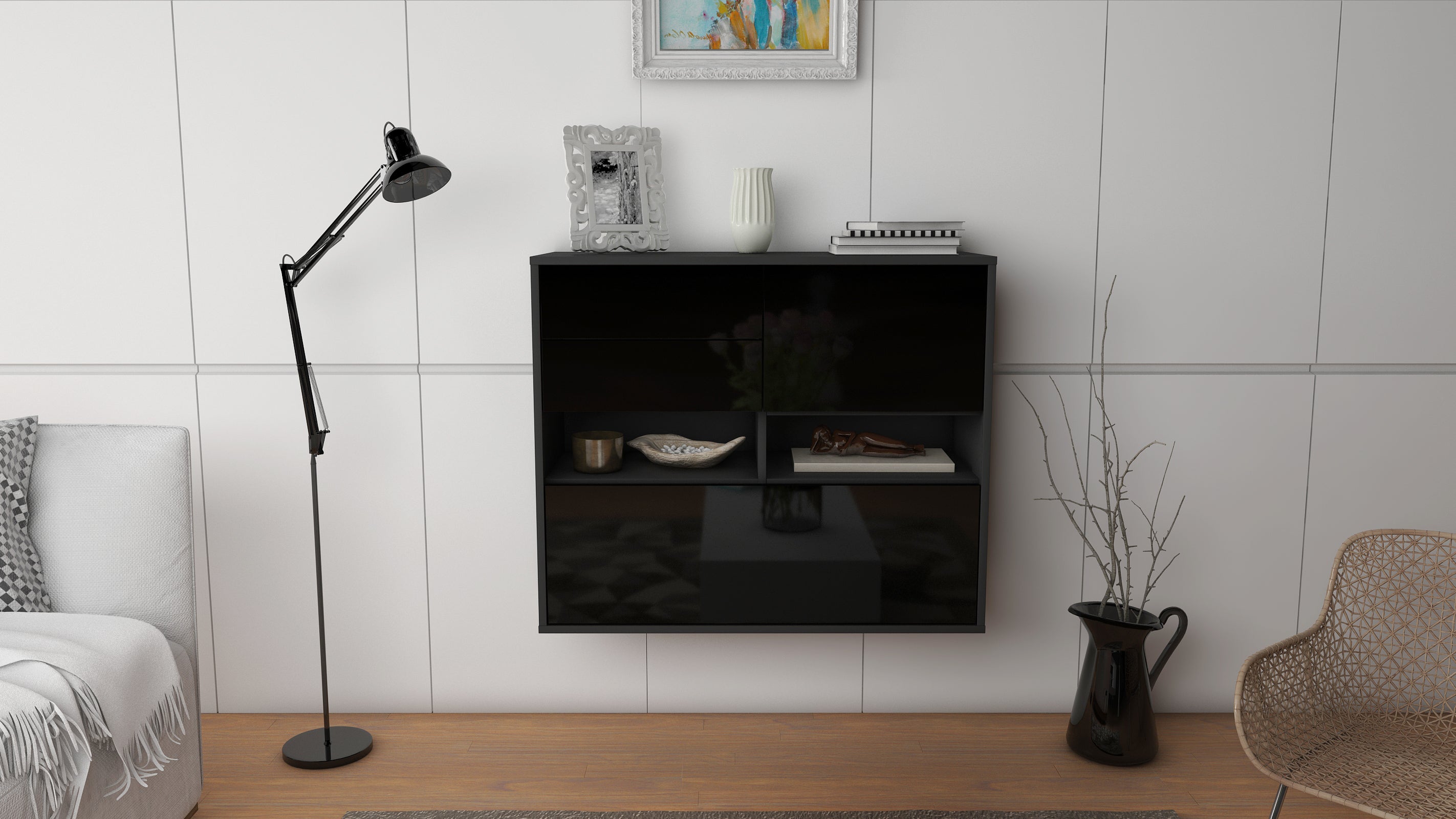 Sideboard - Cornelia - Design Hochglanz - Wandmontiert mit Push to open  92 cm Anthrazit