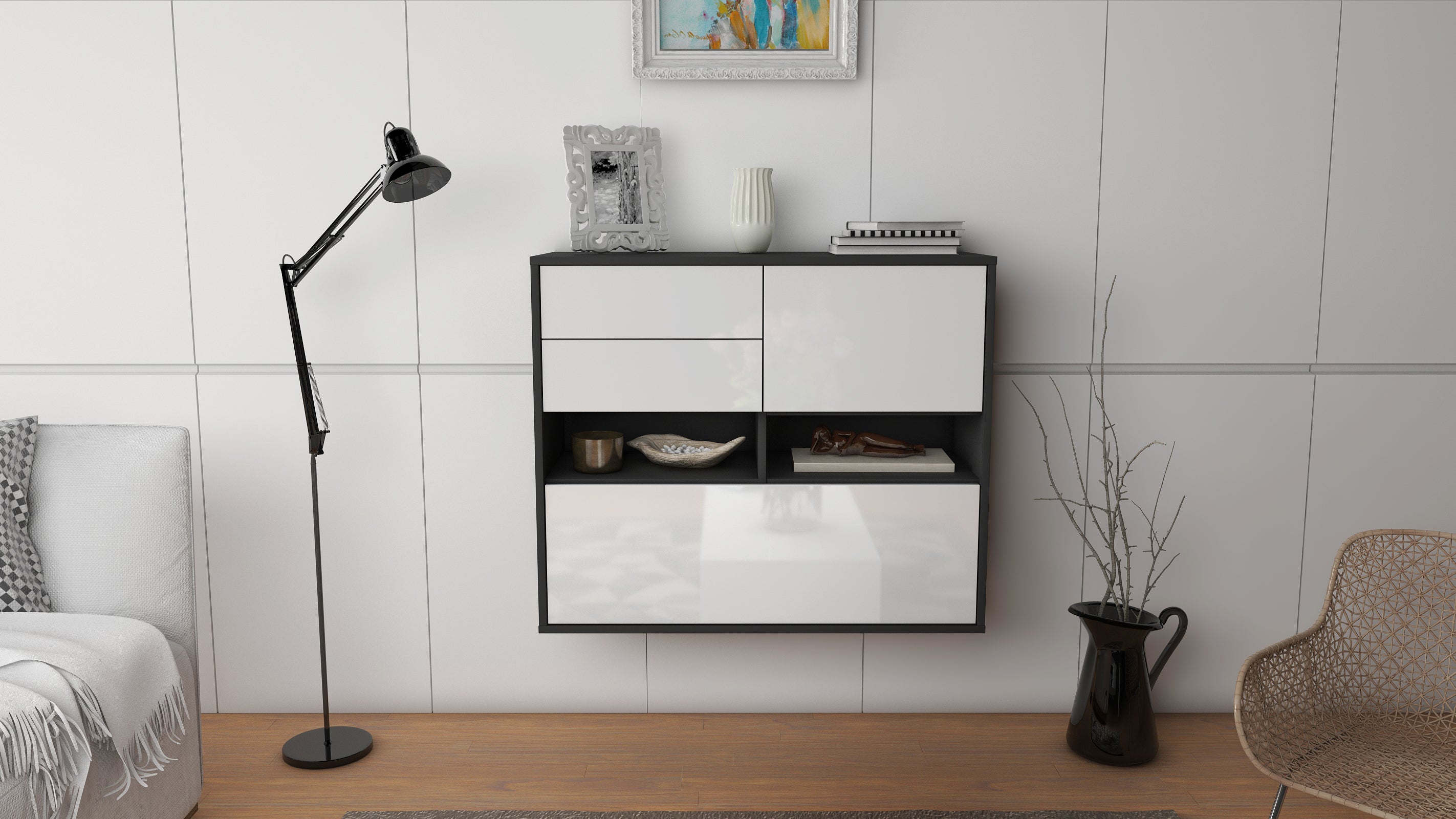 Sideboard - Cornelia - Design Hochglanz - Wandmontiert mit Push to open  92 cm Anthrazit