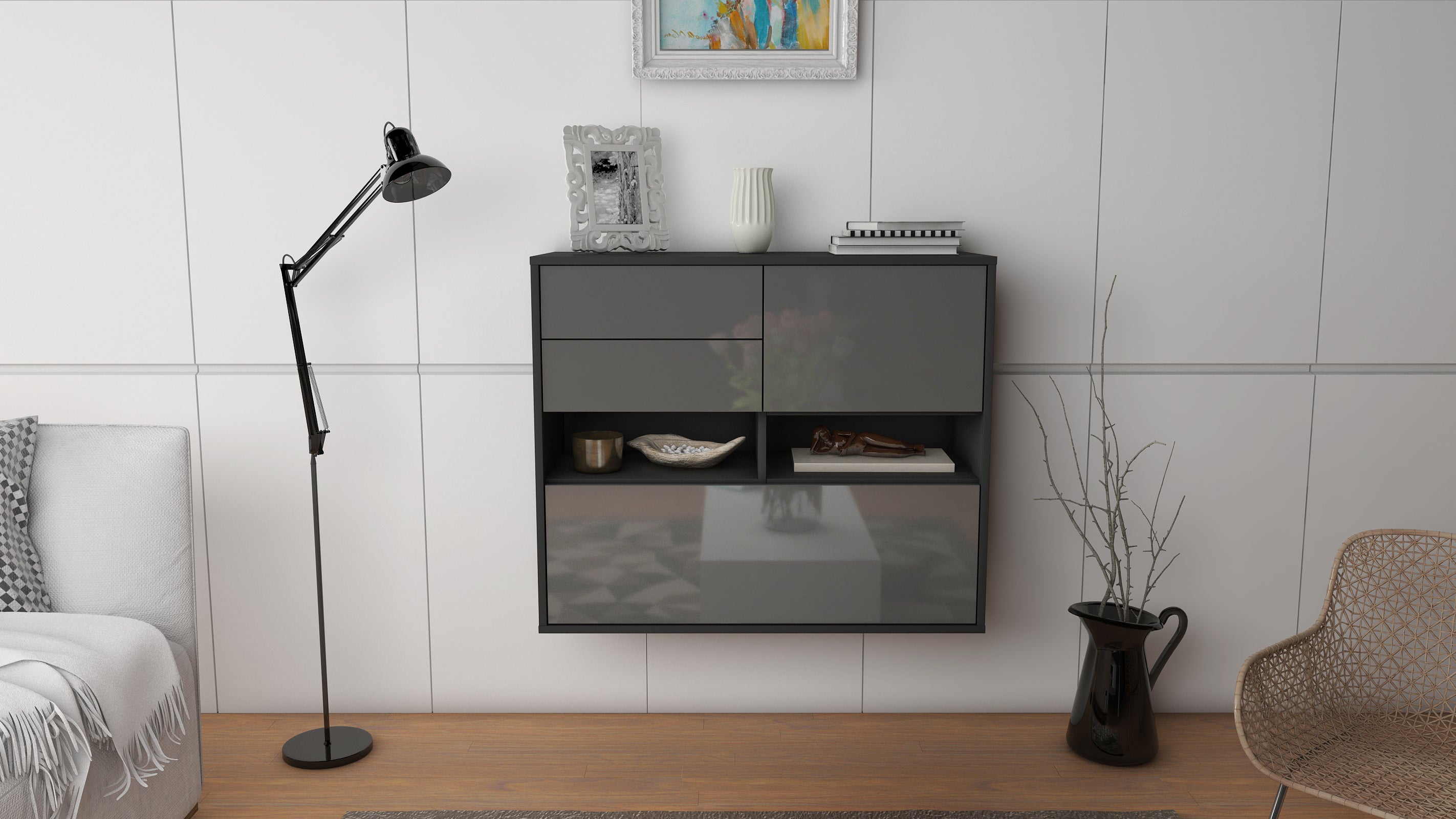 Sideboard - Cornelia - Design Hochglanz - Wandmontiert mit Push to open  92 cm Anthrazit