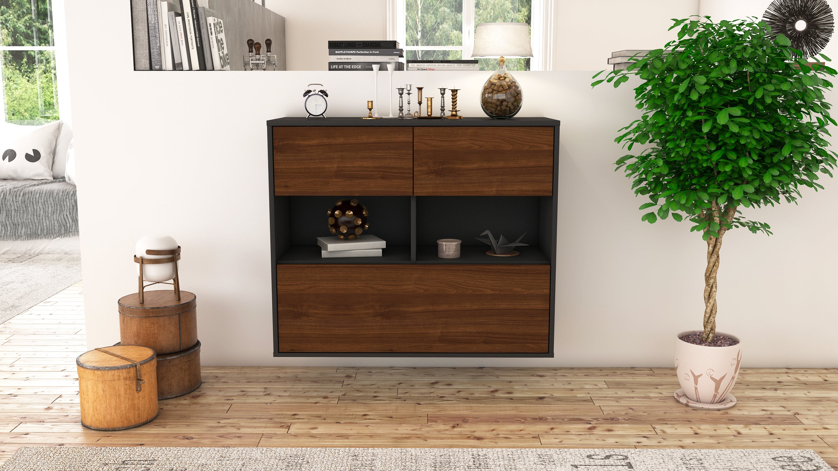 Sideboard - Cosima - Design Holzdekor - Wandmontiert mit Push to open  92 cm Anthrazit