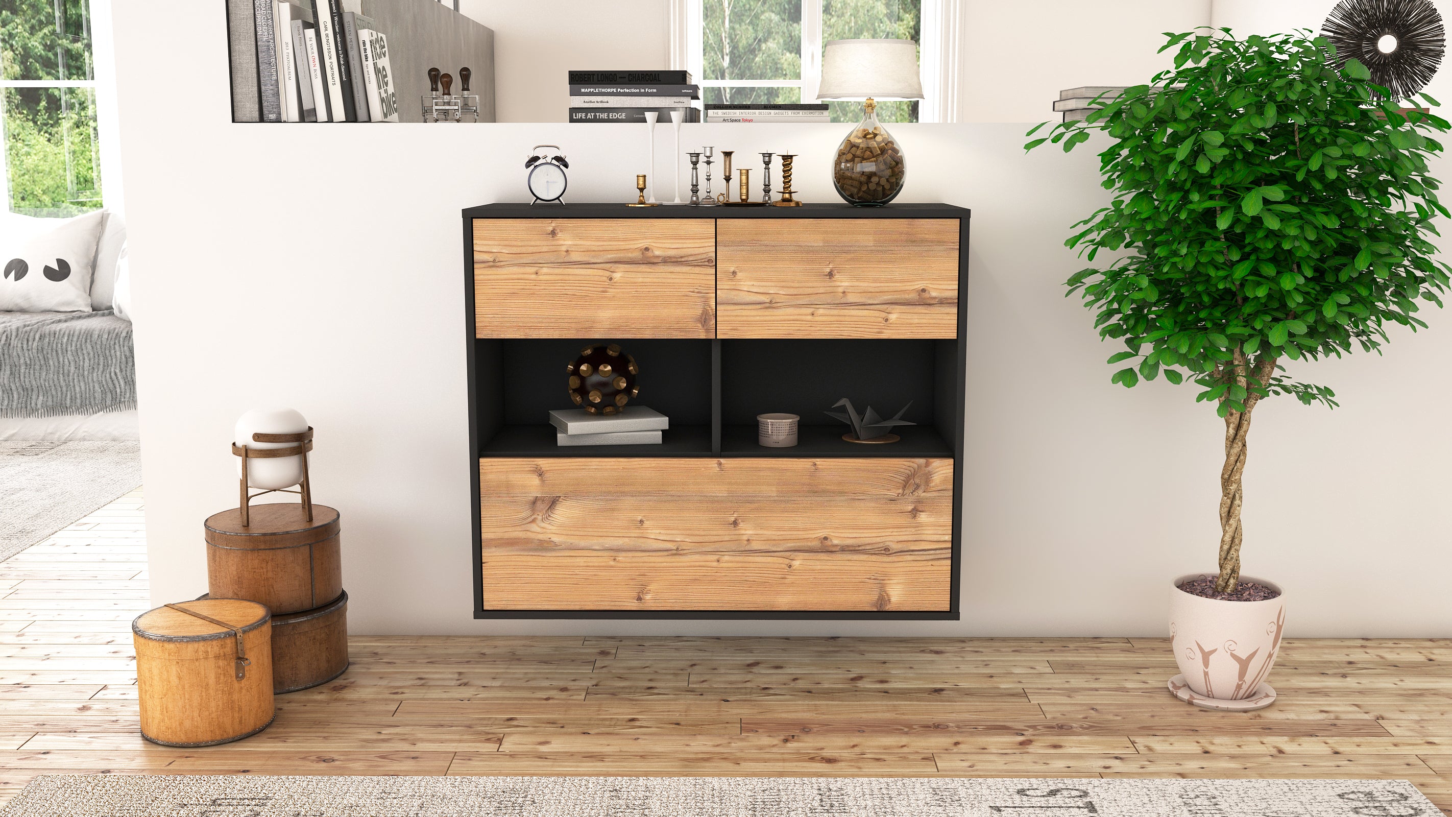 Sideboard - Cosima - Design Holzdekor - Wandmontiert mit Push to open  92 cm Anthrazit