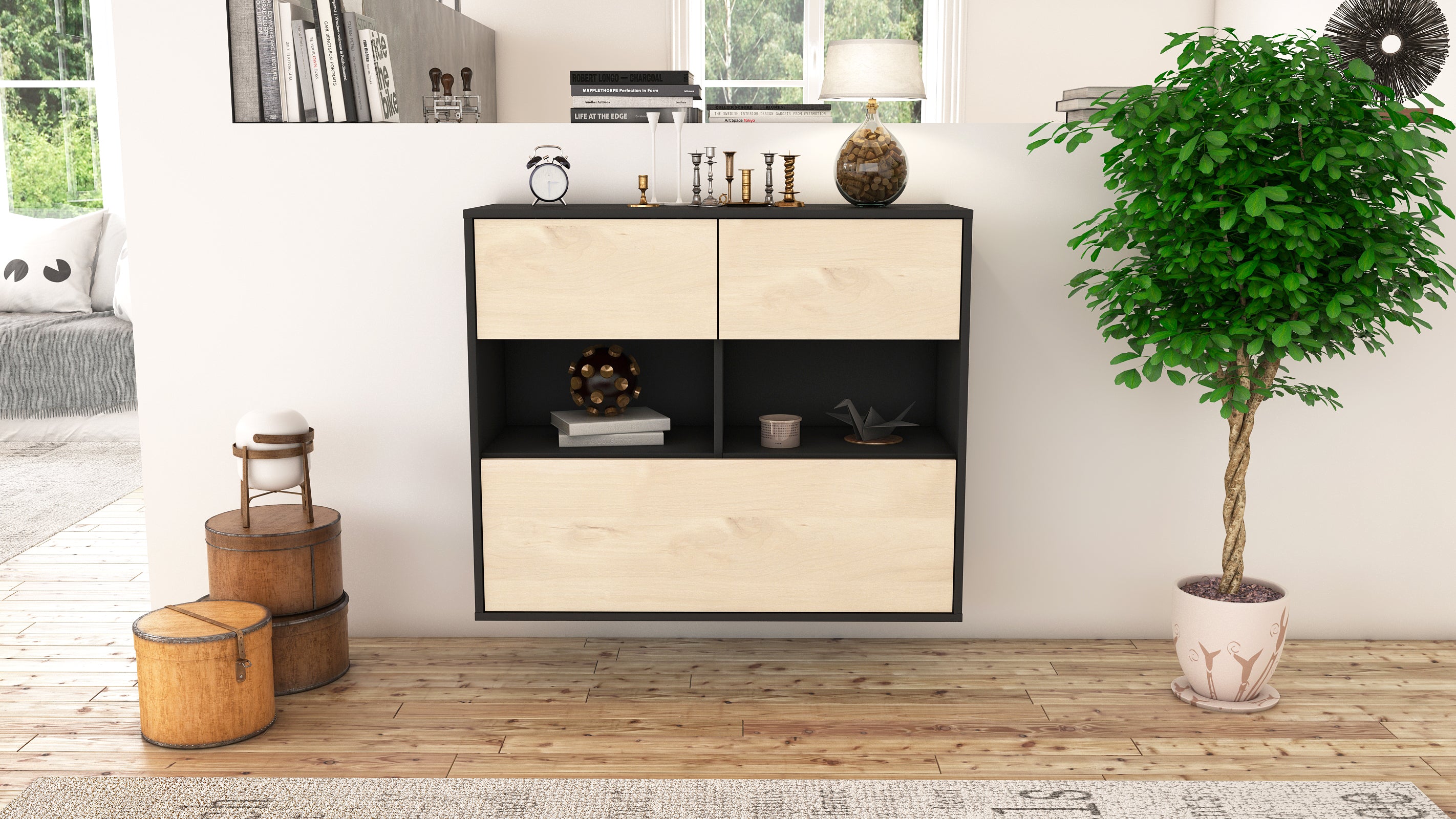 Sideboard - Cosima - Design Holzdekor - Wandmontiert mit Push to open  92 cm Anthrazit