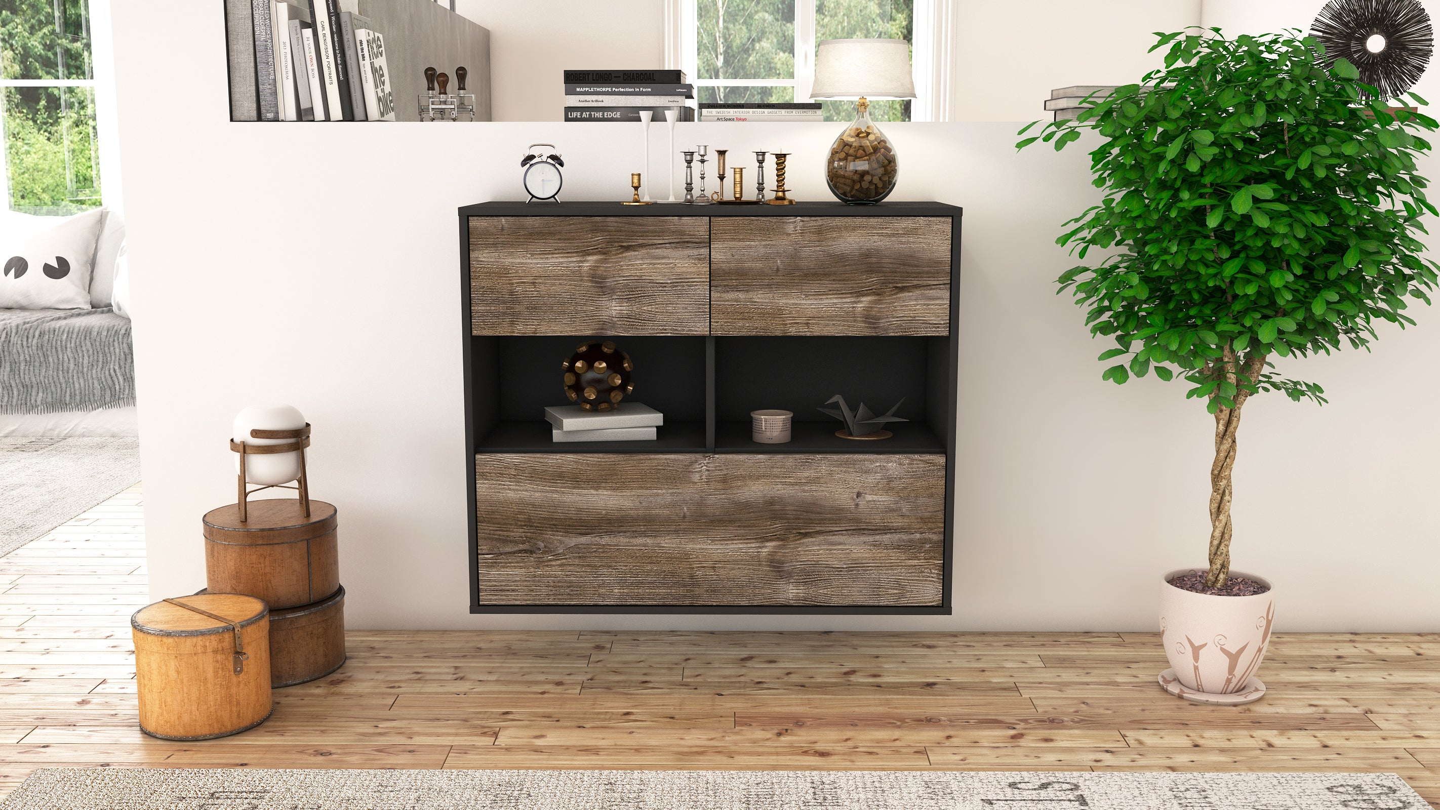 Sideboard - Cosima - Design Holzdekor - Wandmontiert mit Push to open  92 cm Anthrazit