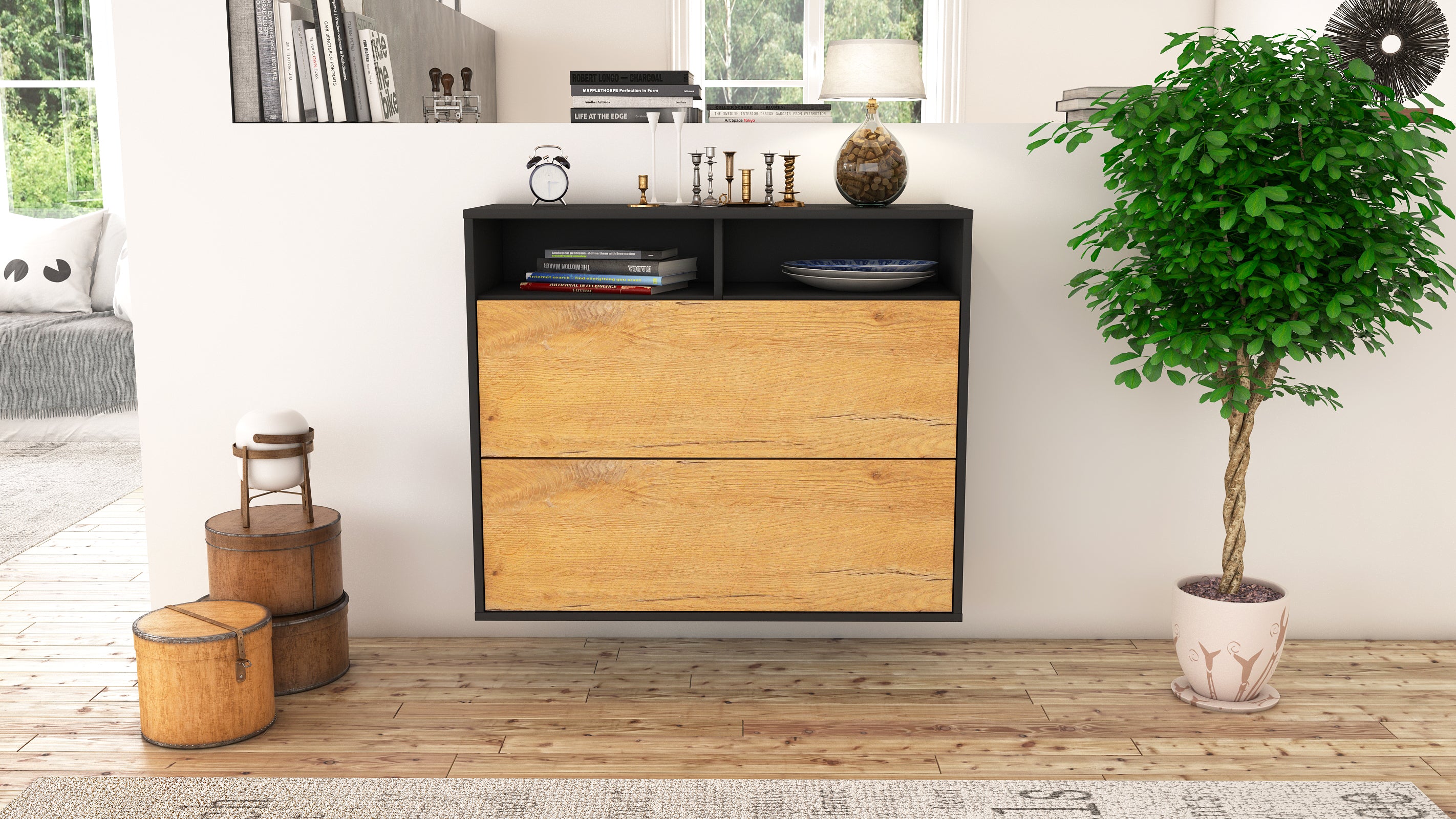 Sideboard - Cosma - Design Holzdekor - Wandmontiert mit Push to open  92 cm Anthrazit