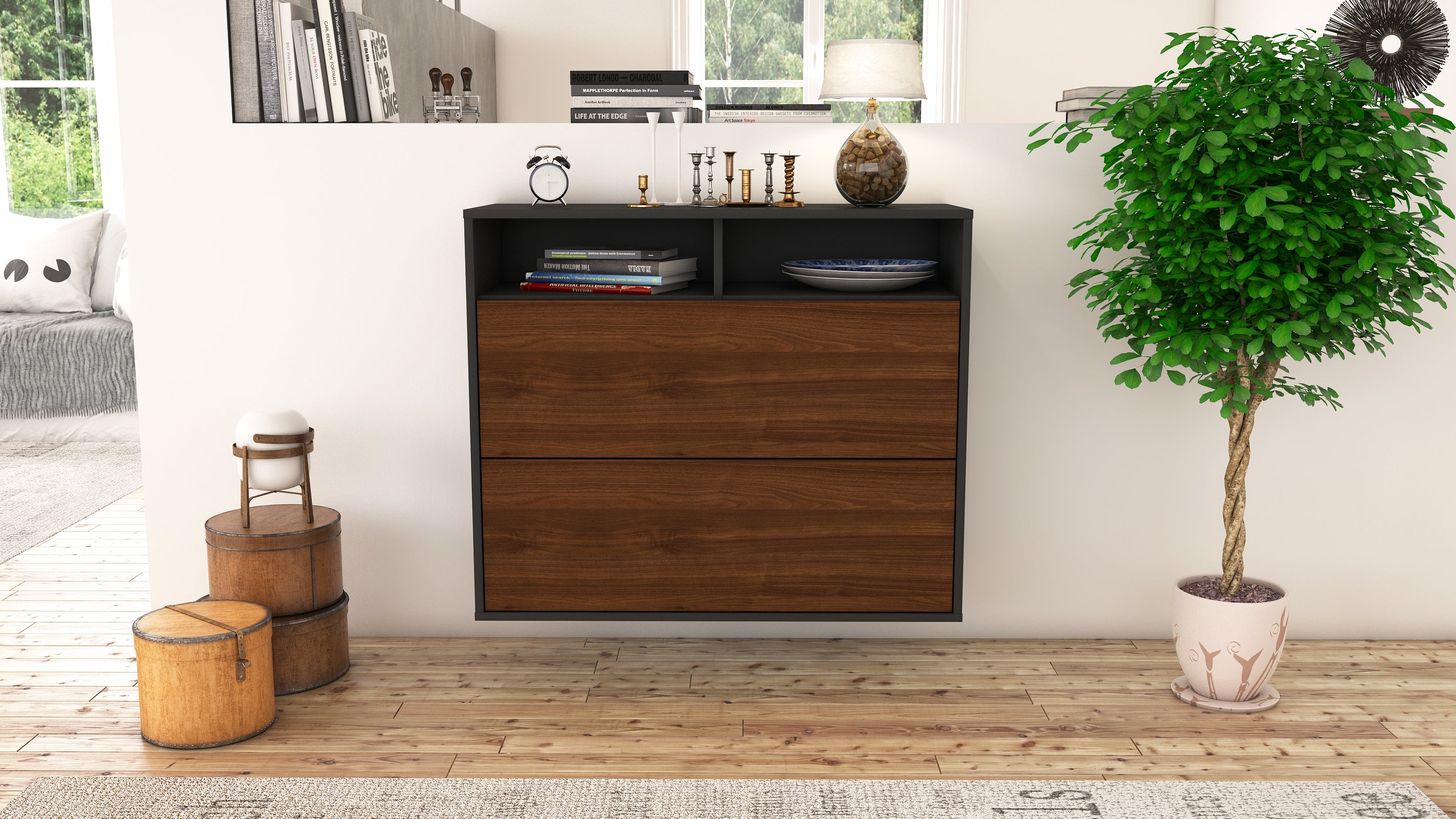 Sideboard - Cosma - Design Holzdekor - Wandmontiert mit Push to open  92 cm Anthrazit