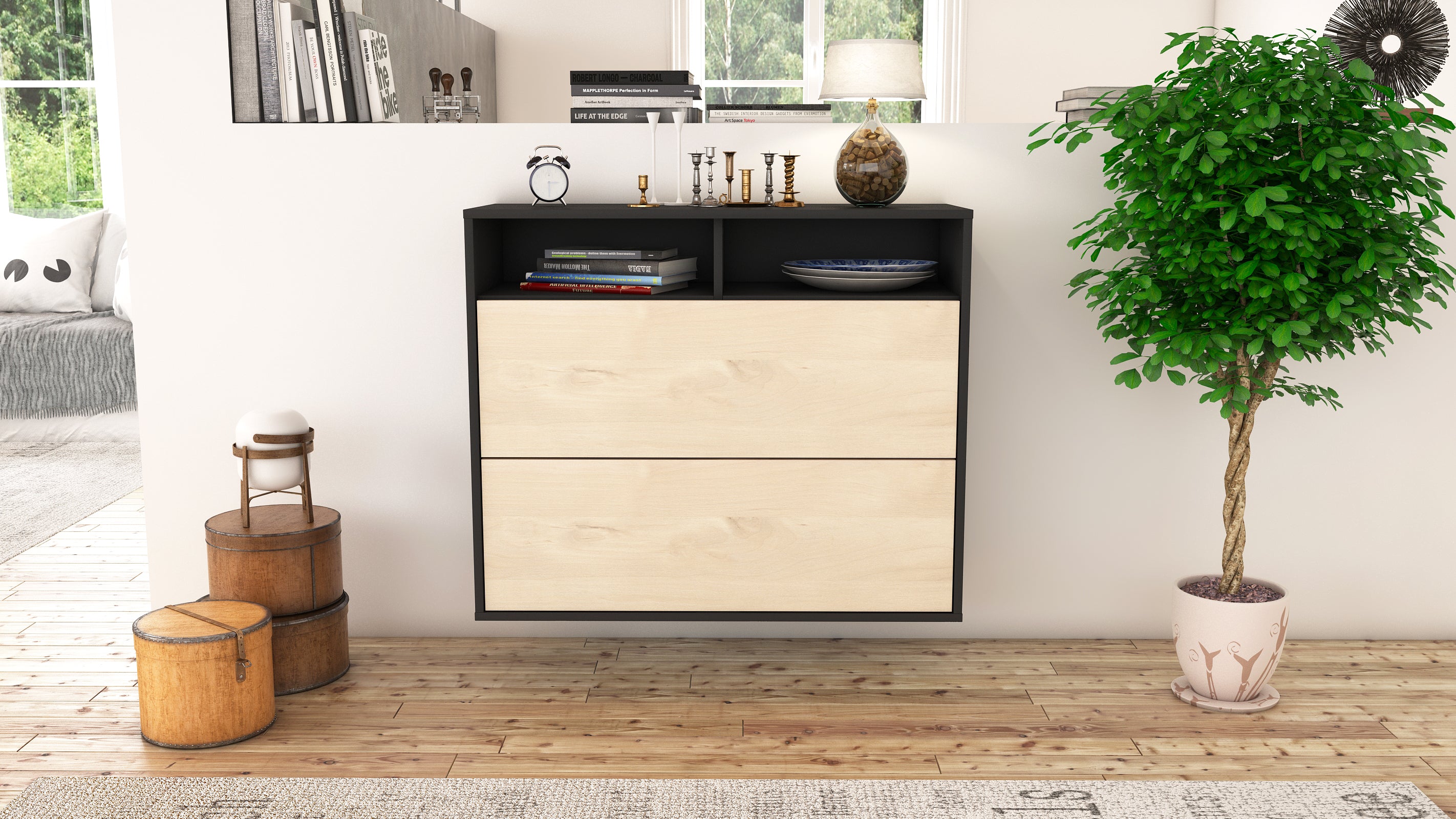 Sideboard - Cosma - Design Holzdekor - Wandmontiert mit Push to open  92 cm Anthrazit