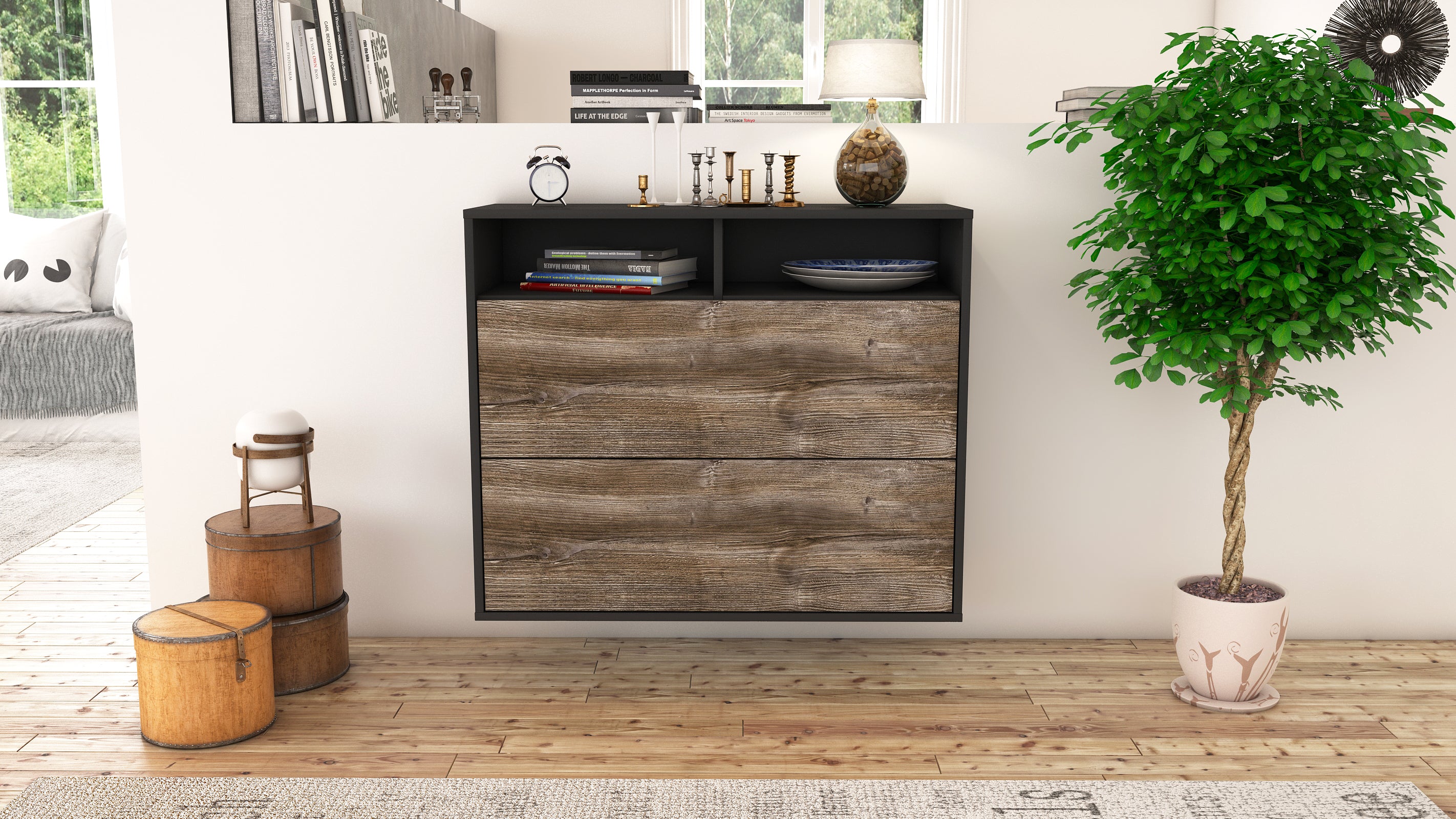 Sideboard - Cosma - Design Holzdekor - Wandmontiert mit Push to open  92 cm Anthrazit