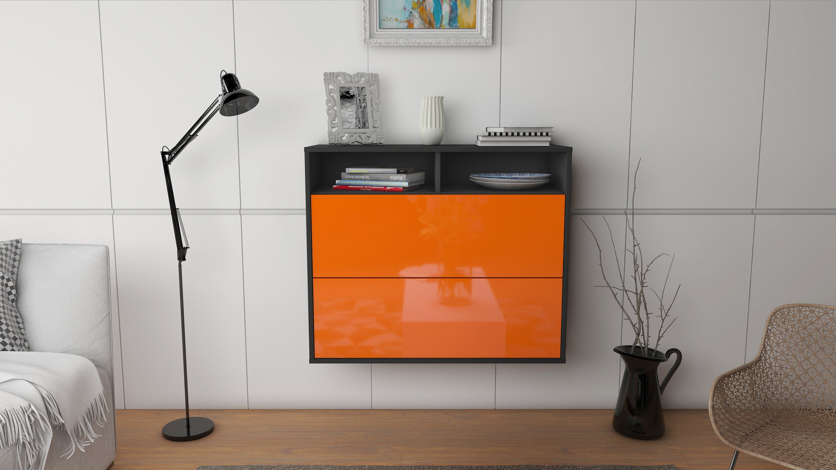 Sideboard - Cosma - Design Hochglanz - Wandmontiert mit Push to open  92 cm Anthrazit