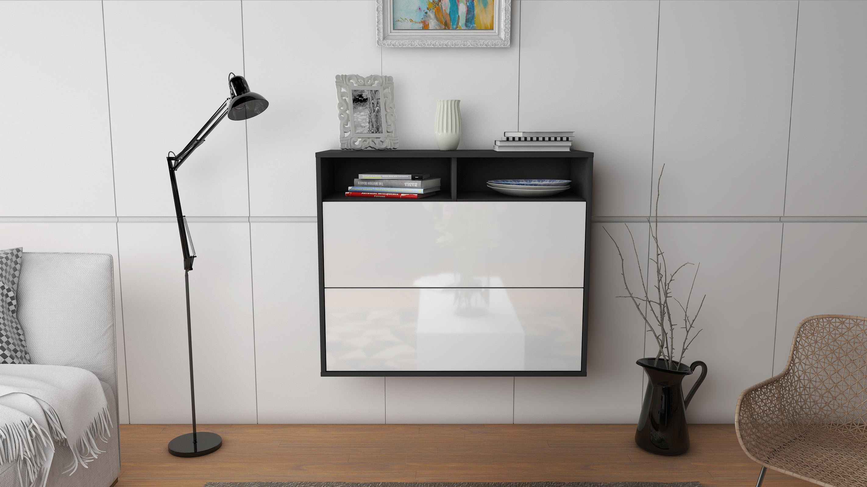 Sideboard - Cosma - Design Hochglanz - Wandmontiert mit Push to open  92 cm Anthrazit