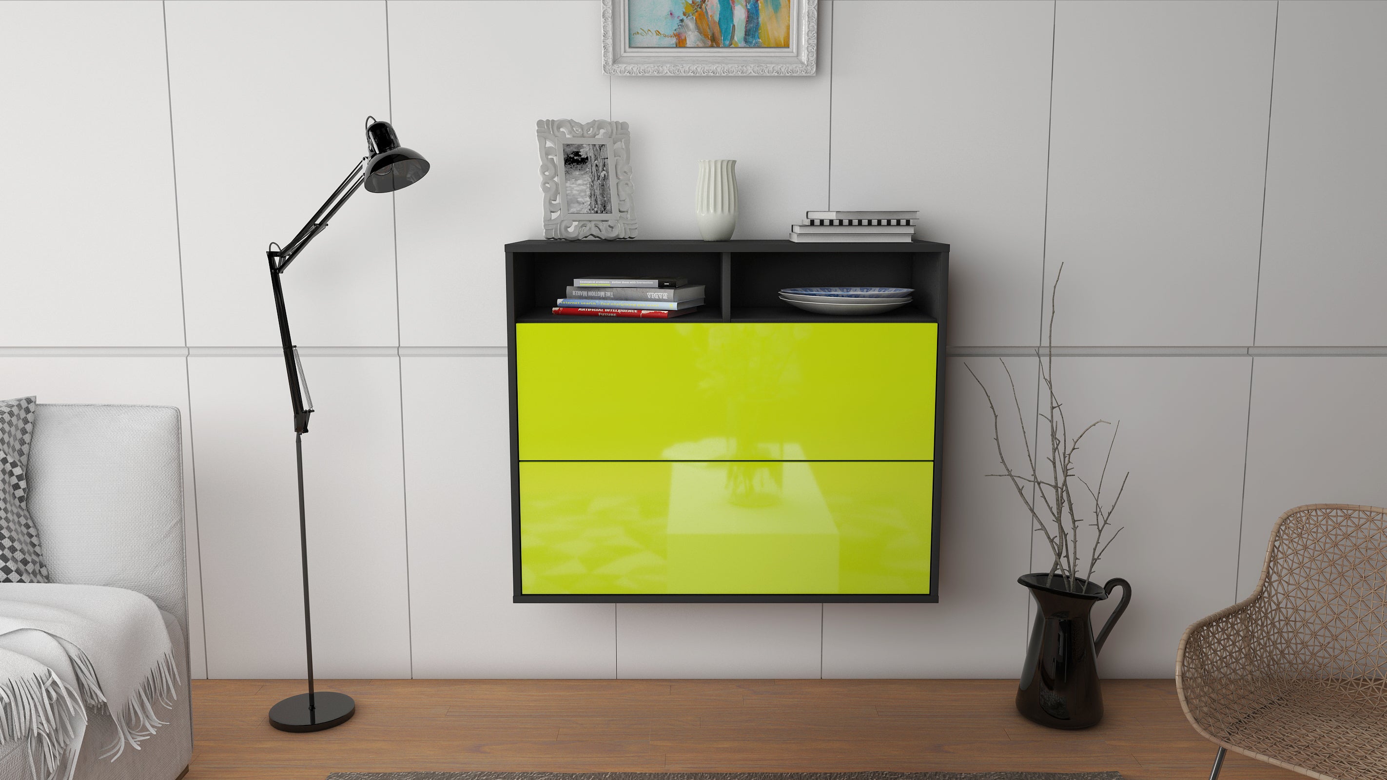 Sideboard - Cosma - Design Hochglanz - Wandmontiert mit Push to open  92 cm Anthrazit