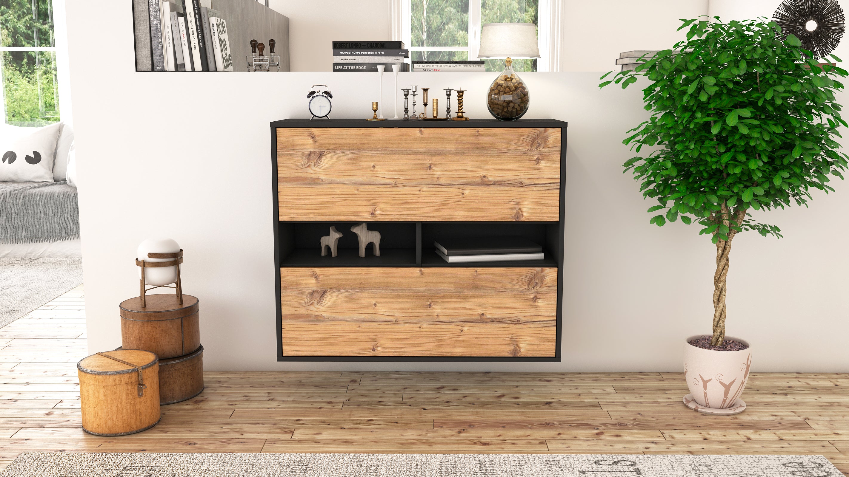 Sideboard - Dalia - Design Holzdekor - Wandmontiert mit Push to open  92 cm Anthrazit