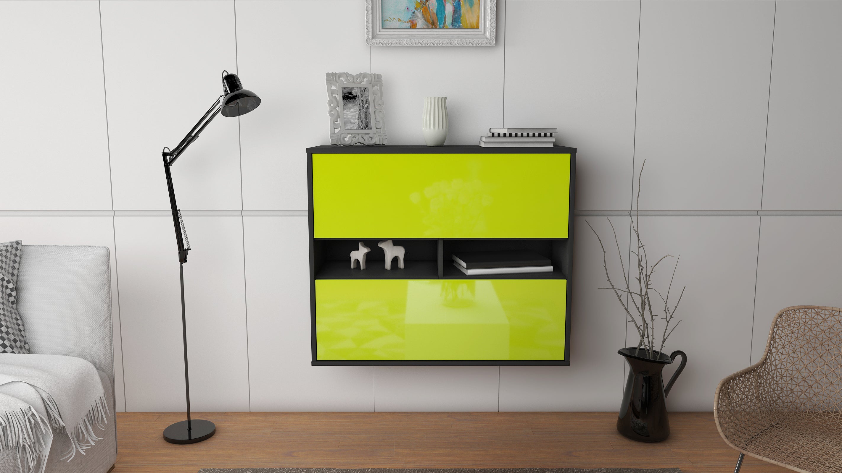 Sideboard - Dalia - Design Hochglanz - Wandmontiert mit Push to open  92 cm Anthrazit