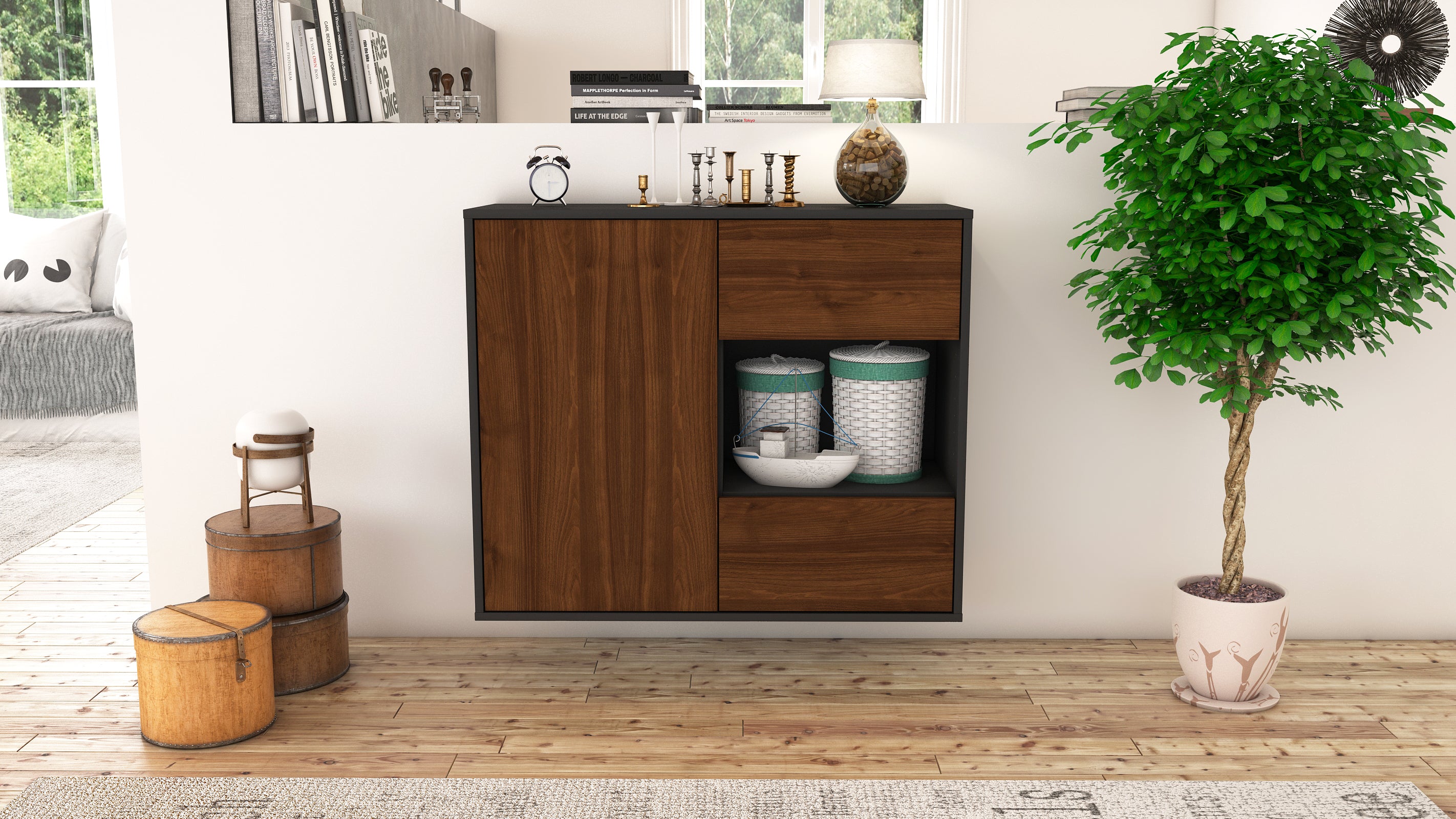 Sideboard - Danica - Design Holzdekor - Wandmontiert mit Push to open  92 cm Anthrazit