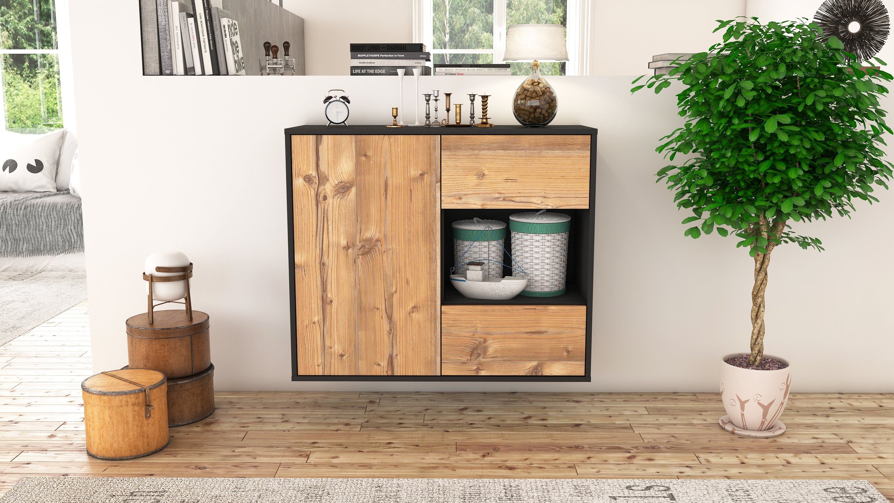 Sideboard - Danica - Design Holzdekor - Wandmontiert mit Push to open  92 cm Anthrazit