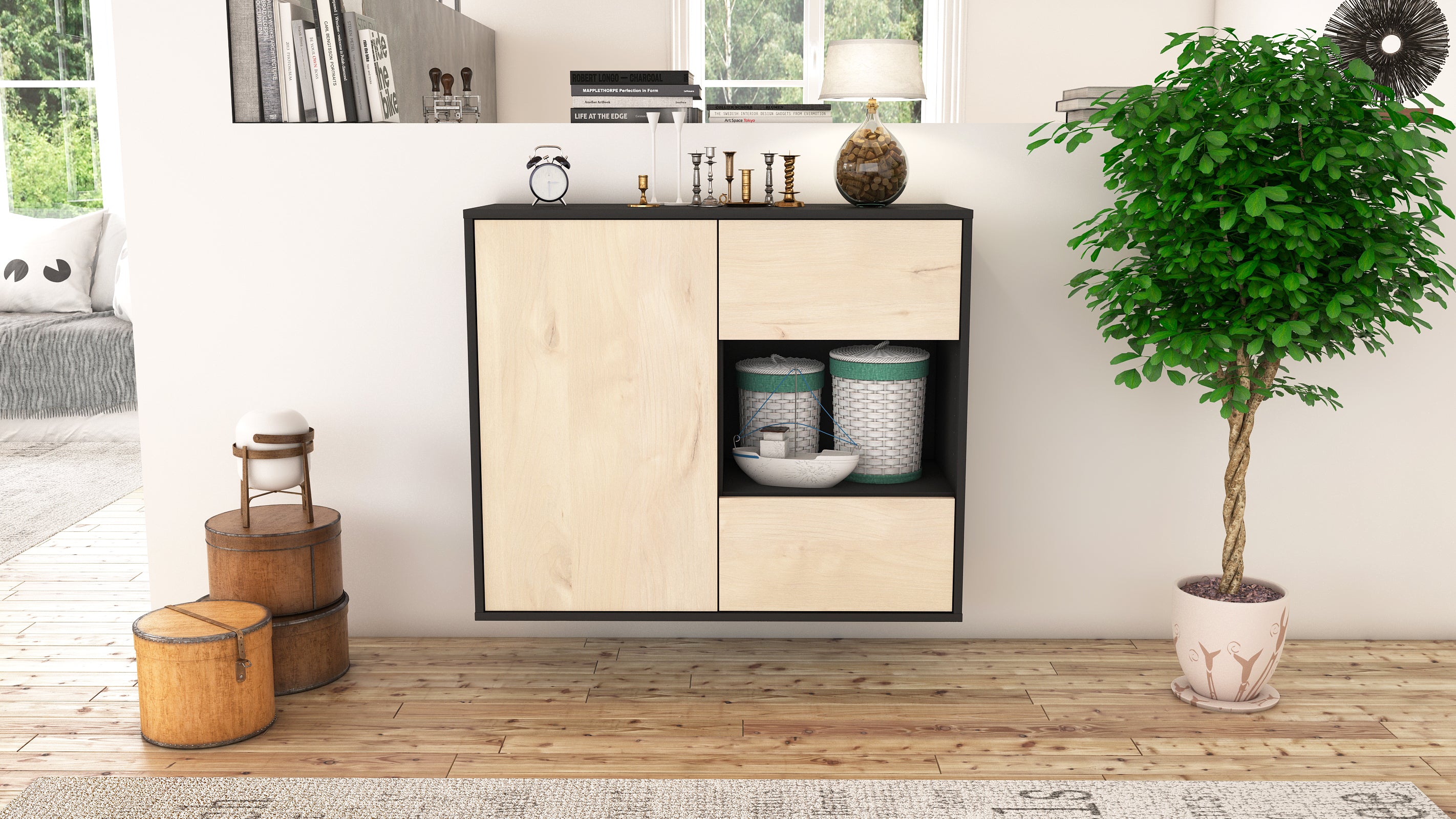 Sideboard - Danica - Design Holzdekor - Wandmontiert mit Push to open  92 cm Anthrazit