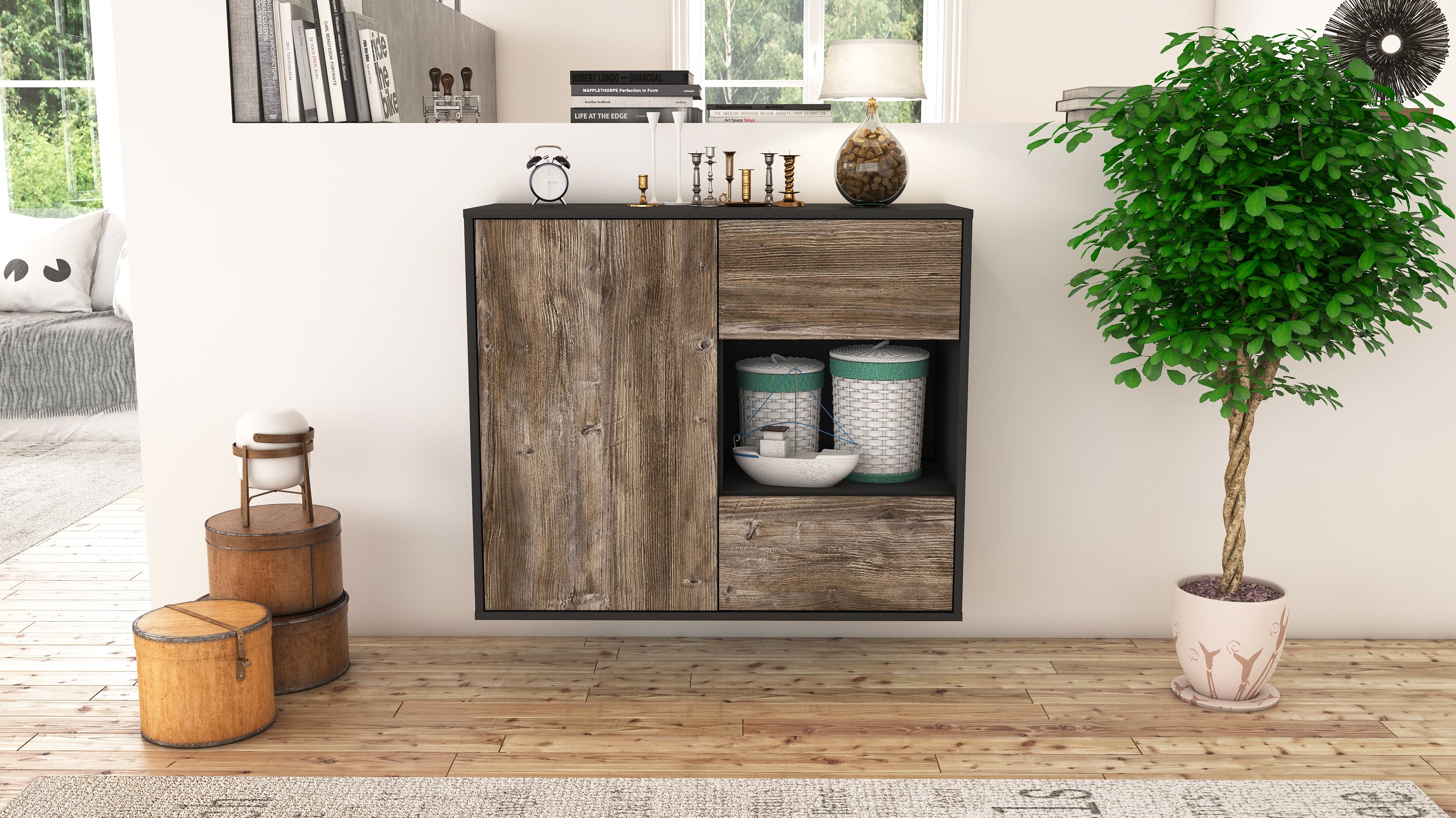 Sideboard - Danica - Design Holzdekor - Wandmontiert mit Push to open  92 cm Anthrazit