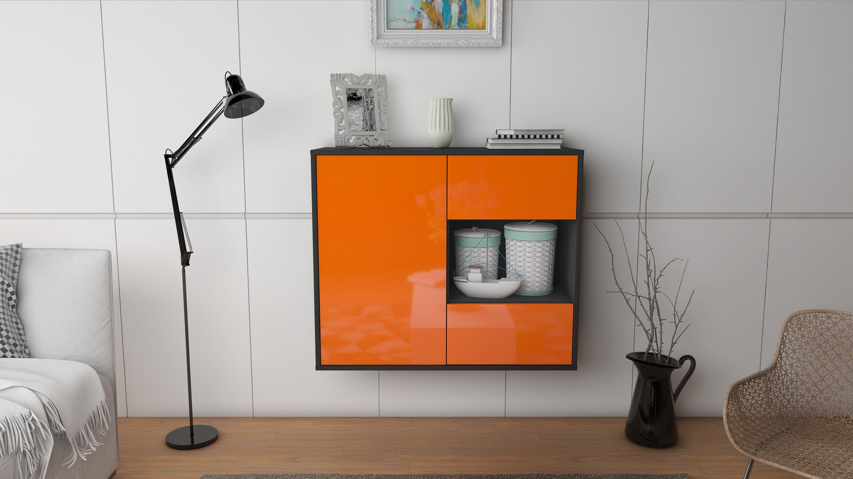 Sideboard - Danica - Design Hochglanz - Wandmontiert mit Push to open  92 cm Anthrazit