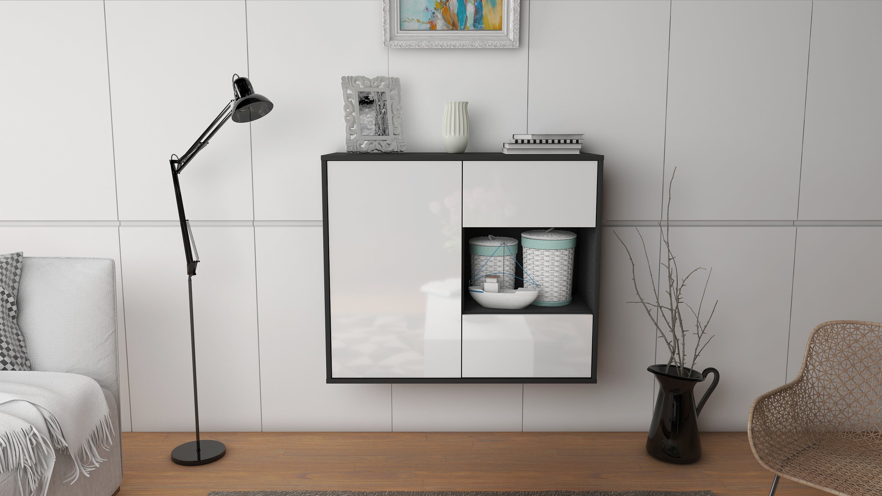 Sideboard - Danica - Design Hochglanz - Wandmontiert mit Push to open  92 cm Anthrazit