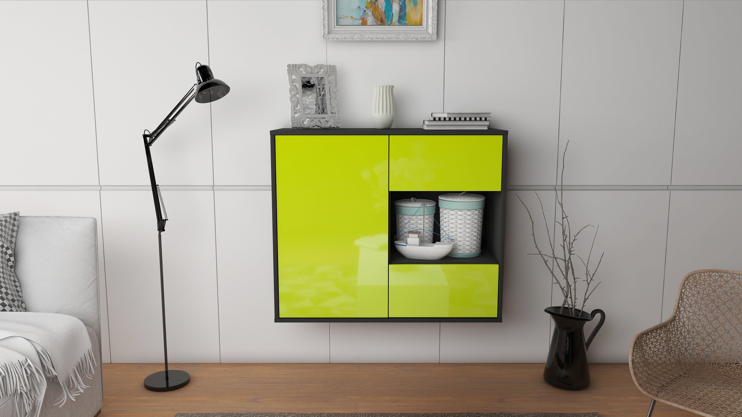 Sideboard - Danica - Design Hochglanz - Wandmontiert mit Push to open  92 cm Anthrazit