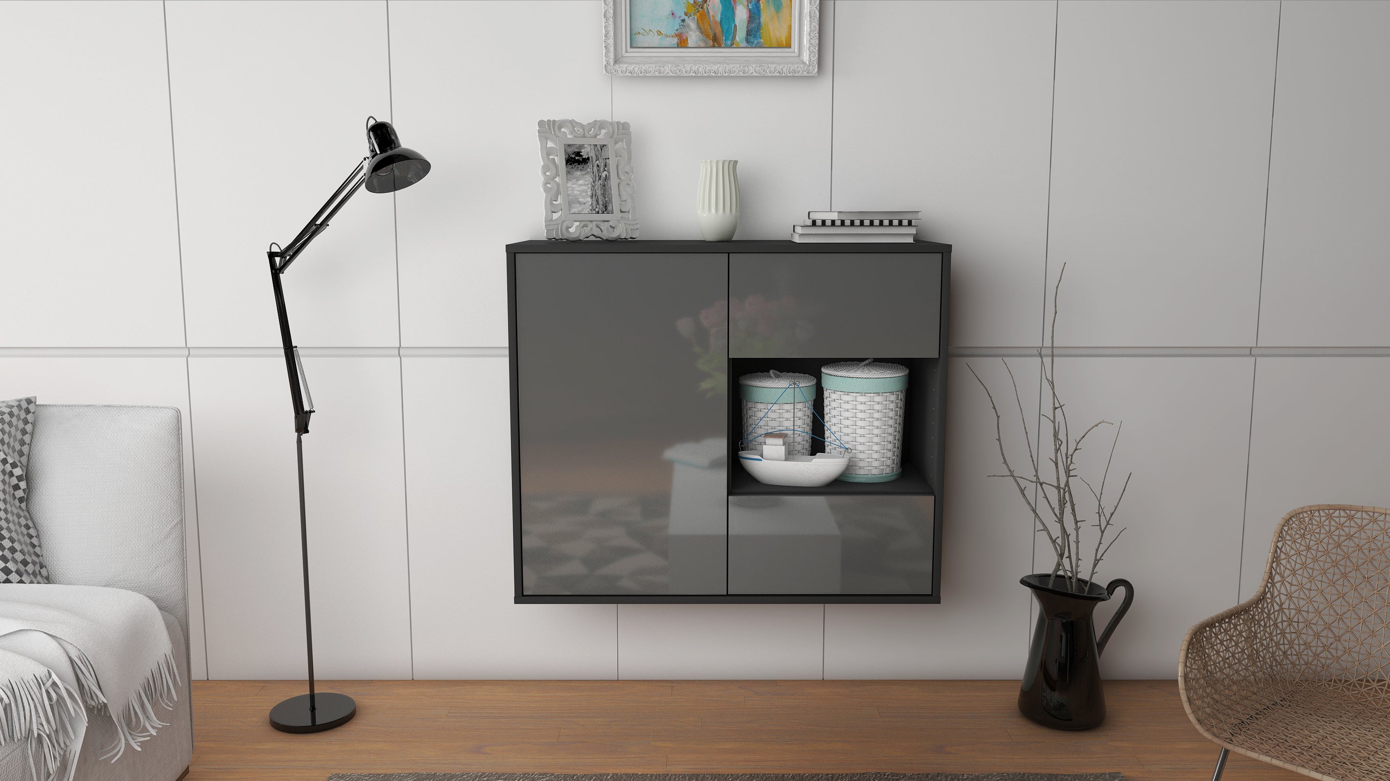 Sideboard - Danica - Design Hochglanz - Wandmontiert mit Push to open  92 cm Anthrazit