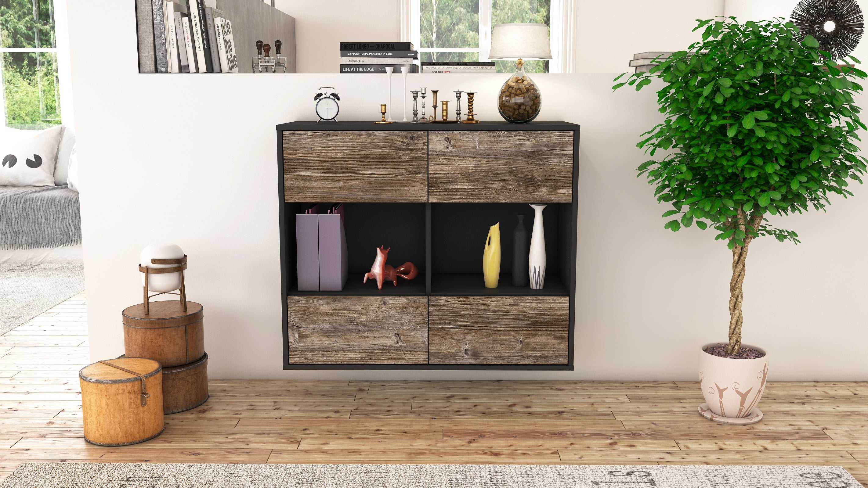 Sideboard - Daniela - Design Holzdekor - Wandmontiert mit Push to open  92 cm Anthrazit