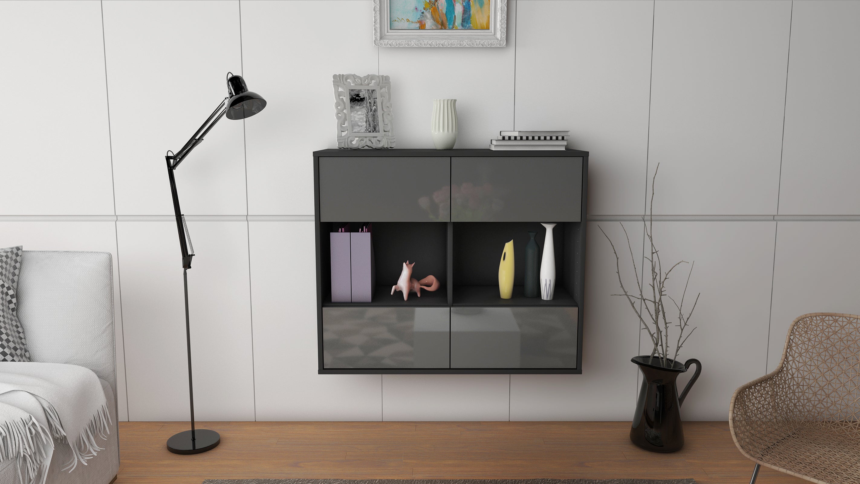 Sideboard - Daniela - Design Hochglanz - Wandmontiert mit Push to open  92 cm Anthrazit