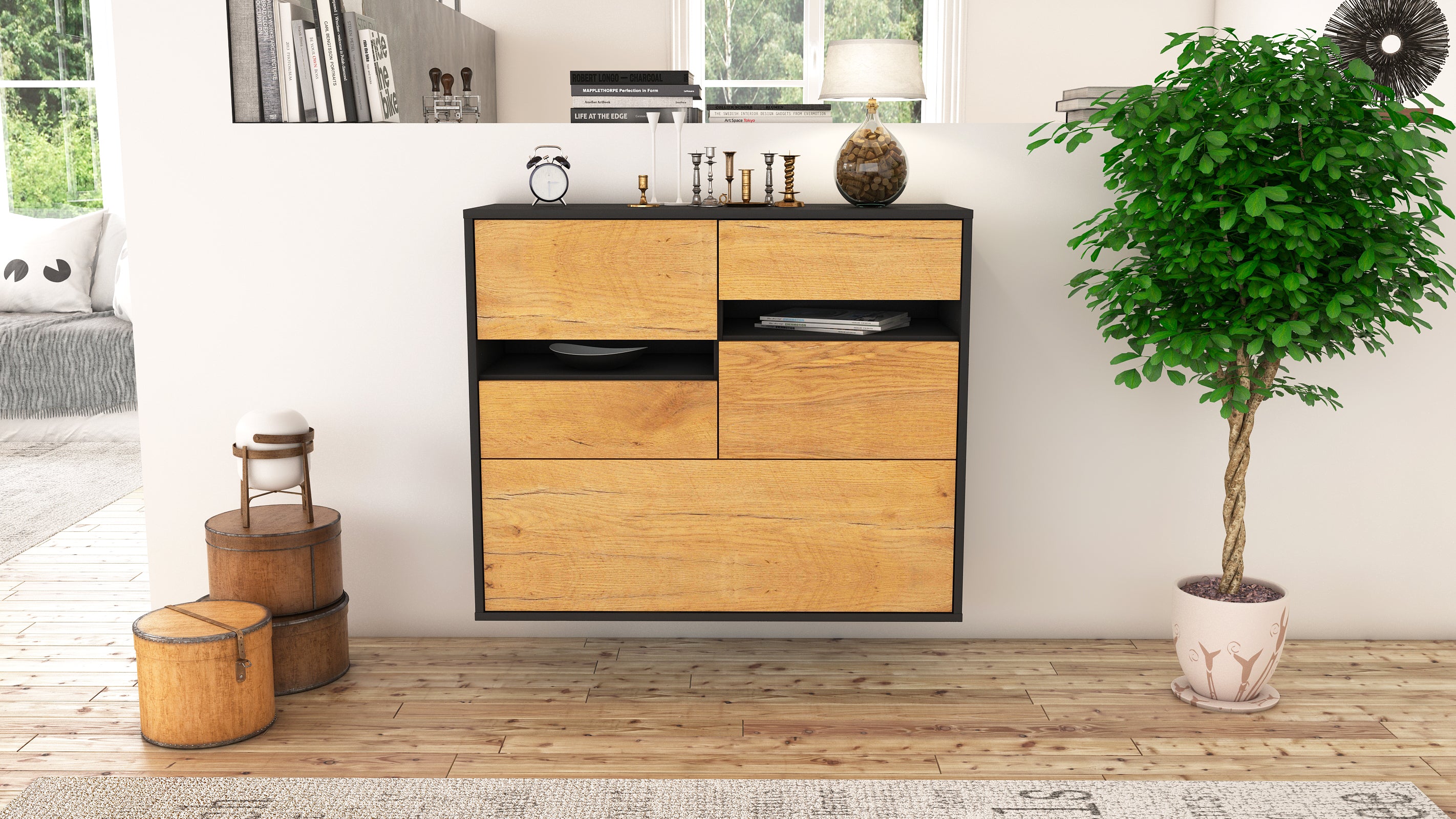 Sideboard - Daria - Design Holzdekor - Wandmontiert mit Push to open  92 cm Anthrazit