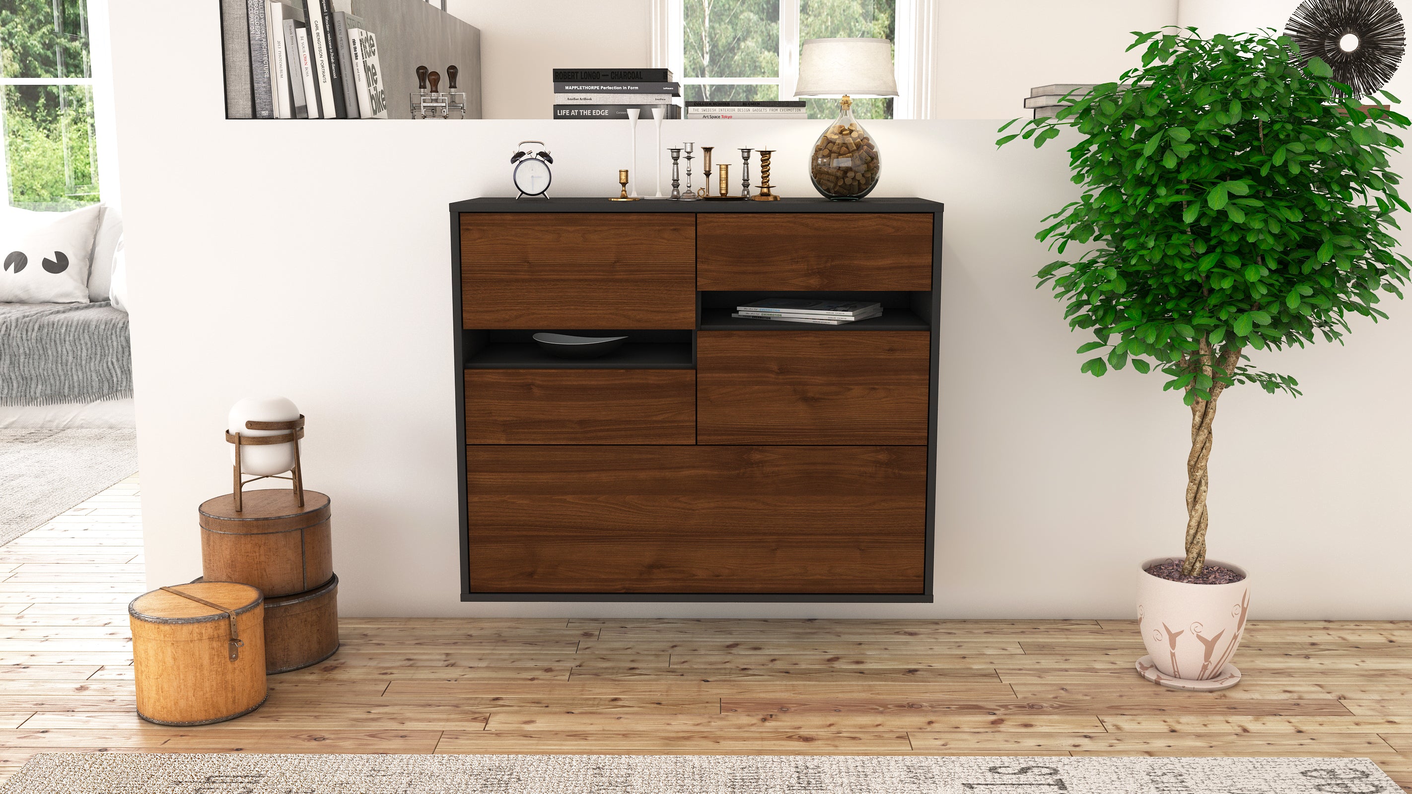 Sideboard - Daria - Design Holzdekor - Wandmontiert mit Push to open  92 cm Anthrazit