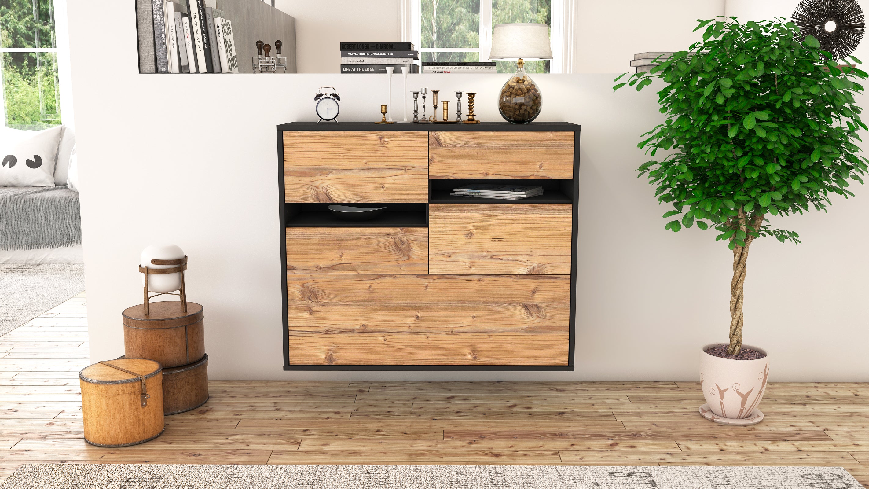 Sideboard - Daria - Design Holzdekor - Wandmontiert mit Push to open  92 cm Anthrazit