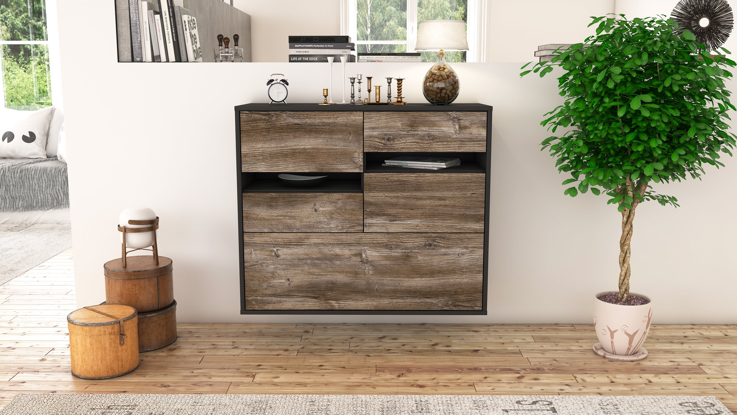 Sideboard - Daria - Design Holzdekor - Wandmontiert mit Push to open  92 cm Anthrazit