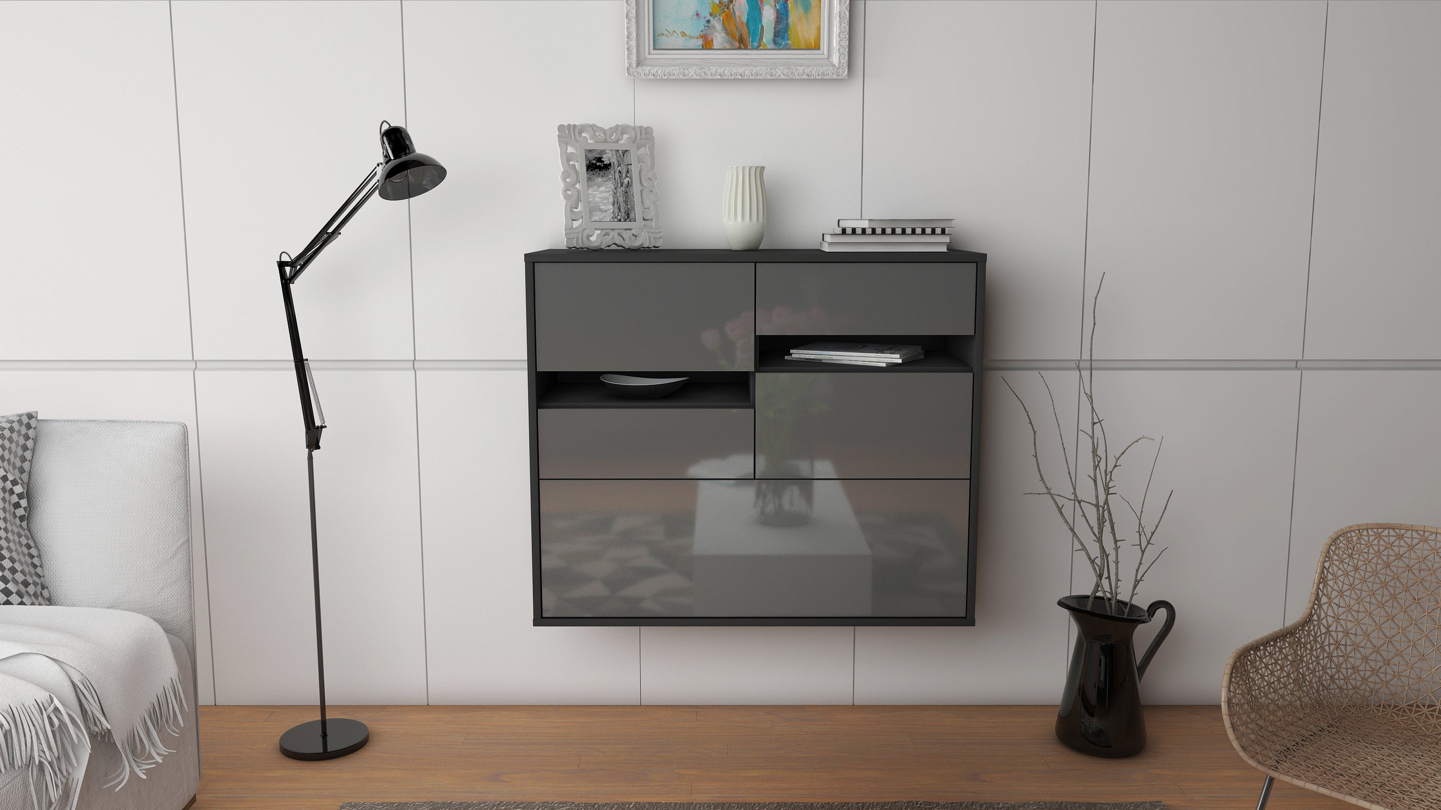 Sideboard - Daria - Design Hochglanz - Wandmontiert mit Push to open  92 cm Anthrazit