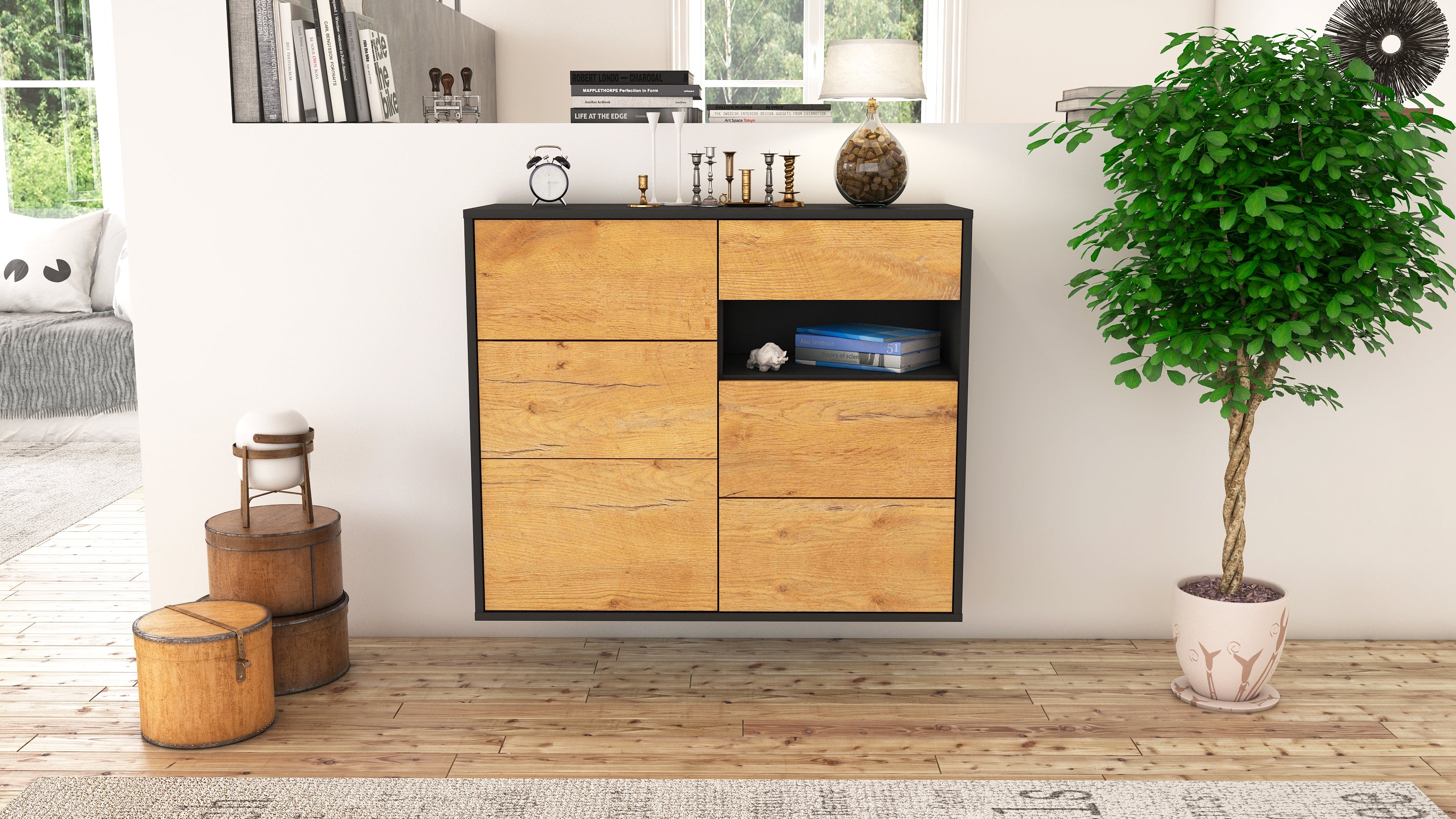 Sideboard - Dariella - Design Holzdekor - Wandmontiert mit Push to open  92 cm Anthrazit