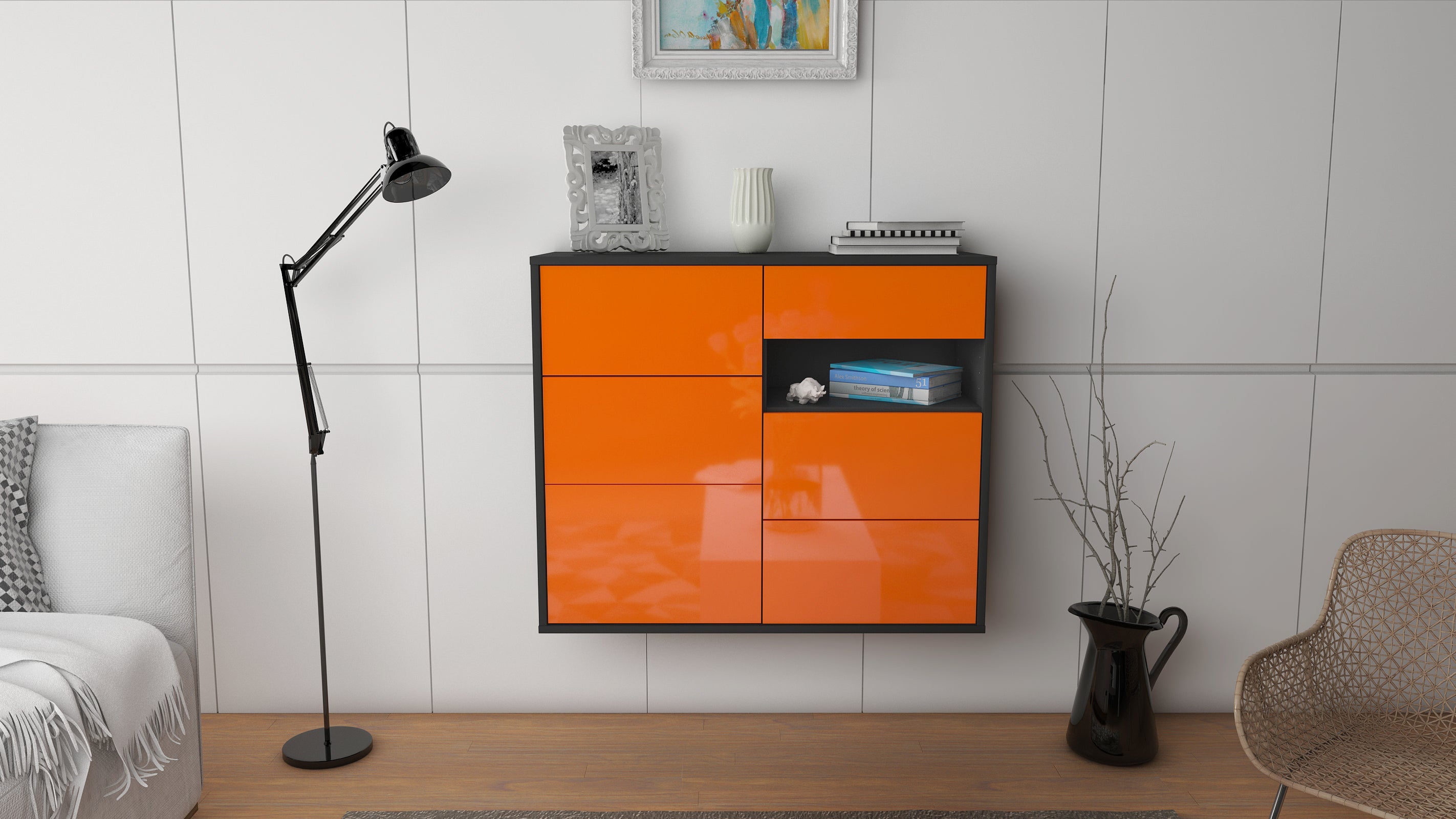 Sideboard - Dariella - Design Hochglanz - Wandmontiert mit Push to open  92 cm Anthrazit