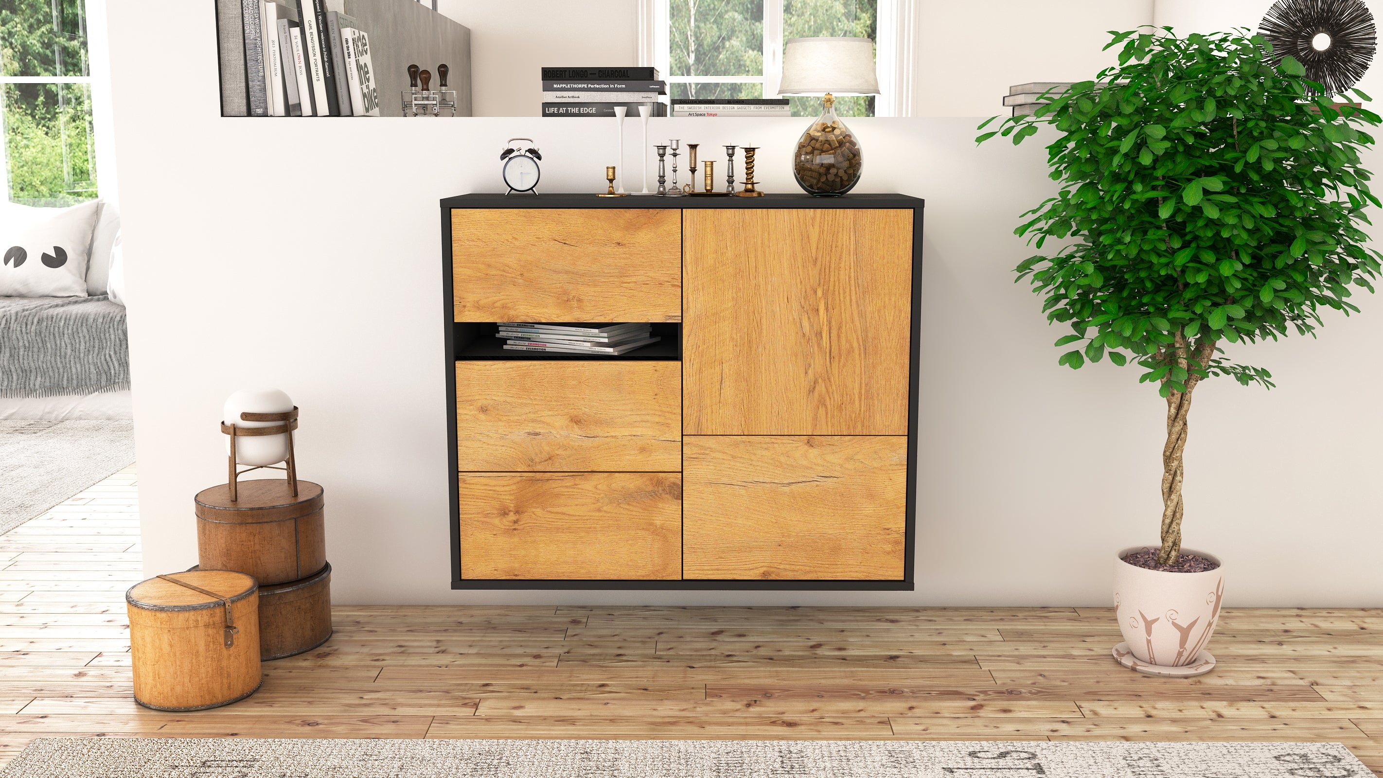 Sideboard - Davina - Design Holzdekor - Wandmontiert mit Push to open  92 cm Anthrazit