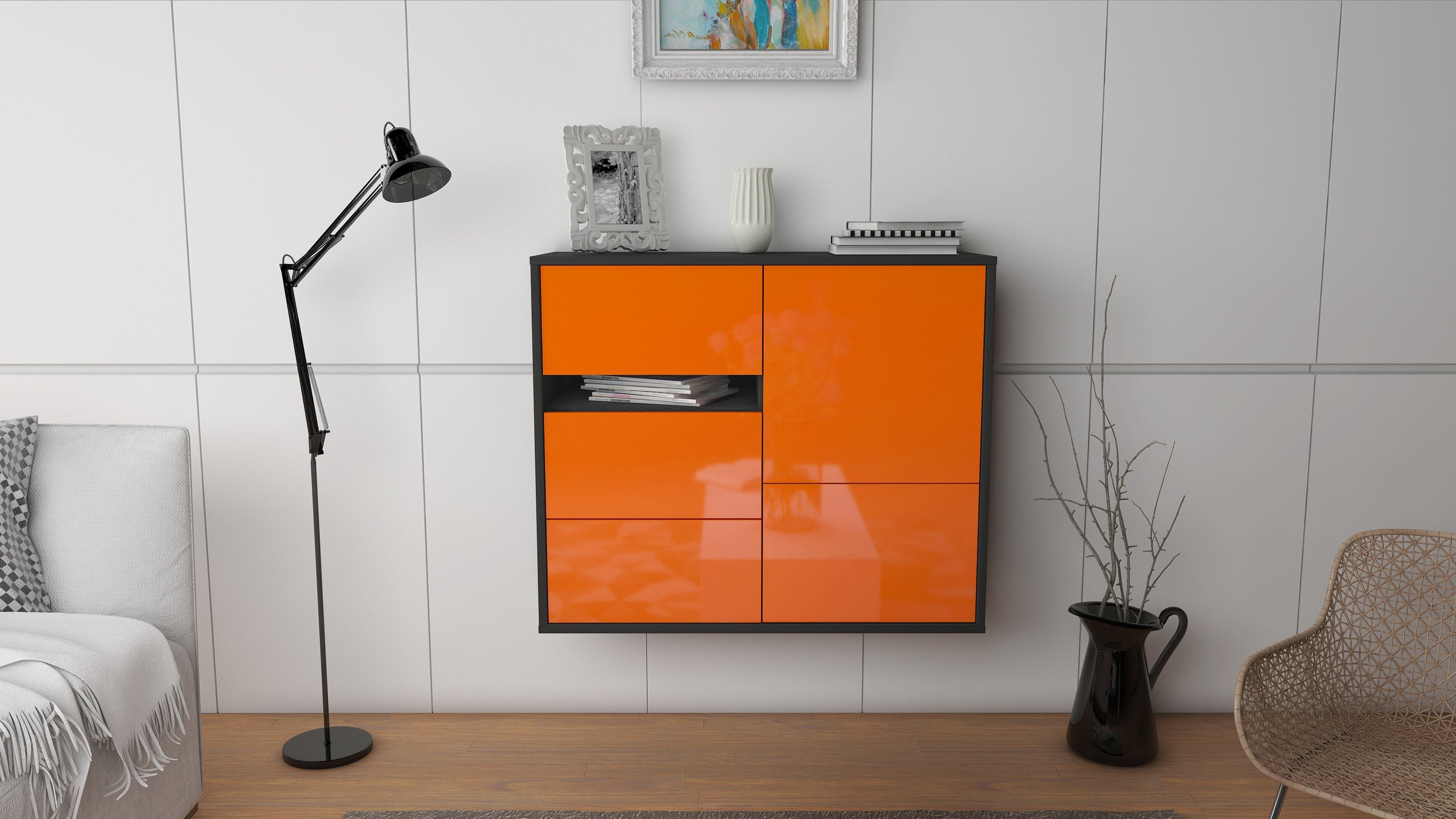 Sideboard - Davina - Design Hochglanz - Wandmontiert mit Push to open  92 cm Anthrazit