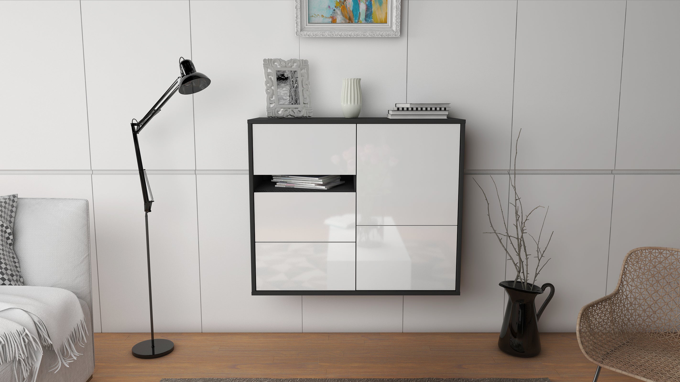 Sideboard - Davina - Design Hochglanz - Wandmontiert mit Push to open  92 cm Anthrazit