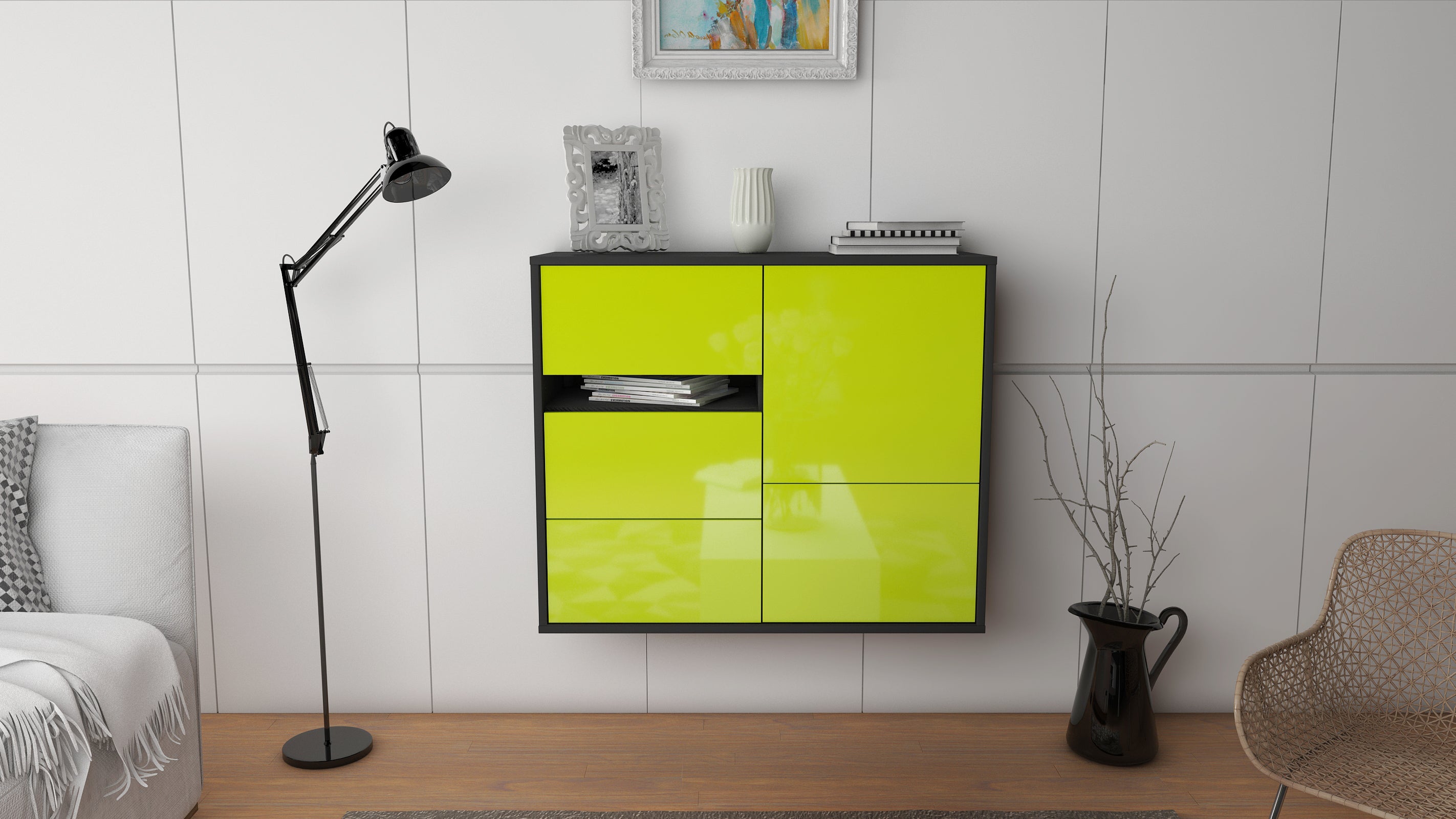 Sideboard - Davina - Design Hochglanz - Wandmontiert mit Push to open  92 cm Anthrazit