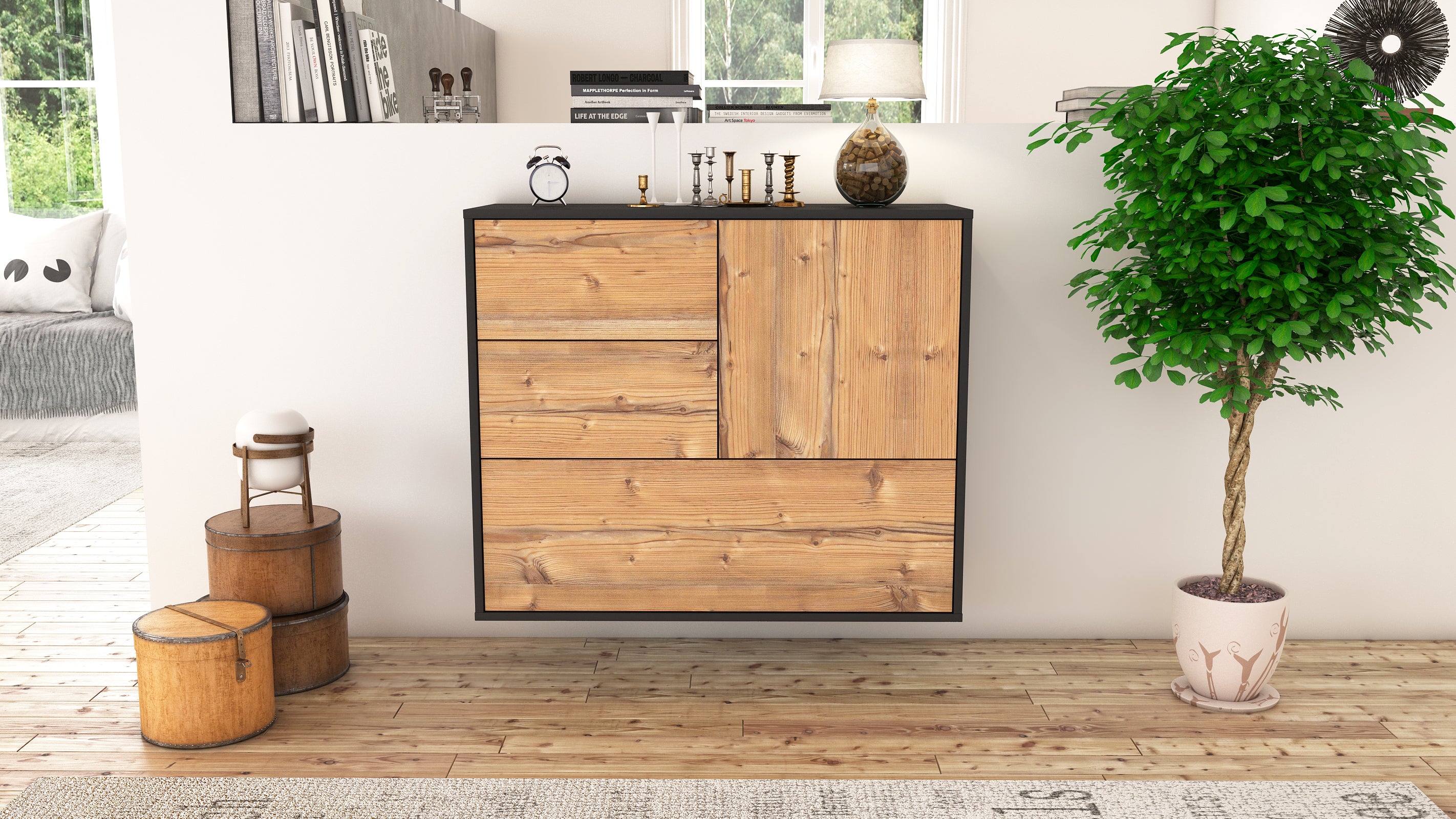 Sideboard - Deanna - Design Holzdekor - Wandmontiert mit Push to open  92 cm Anthrazit