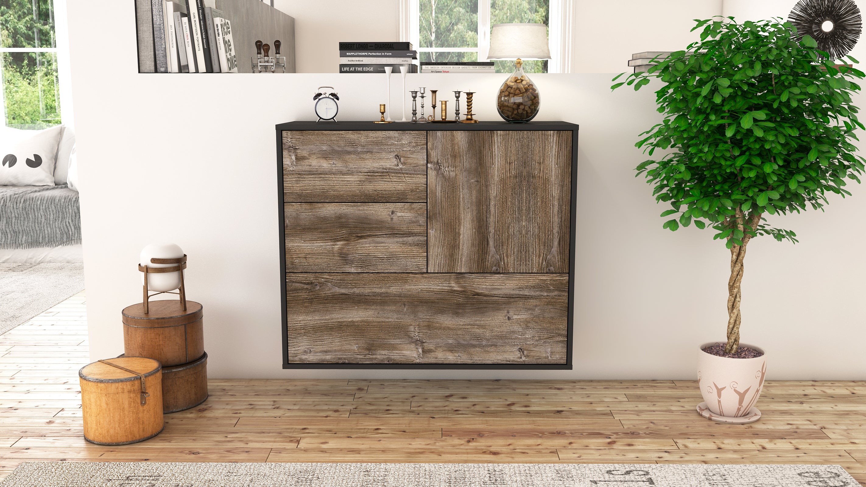 Sideboard - Deanna - Design Holzdekor - Wandmontiert mit Push to open  92 cm Anthrazit