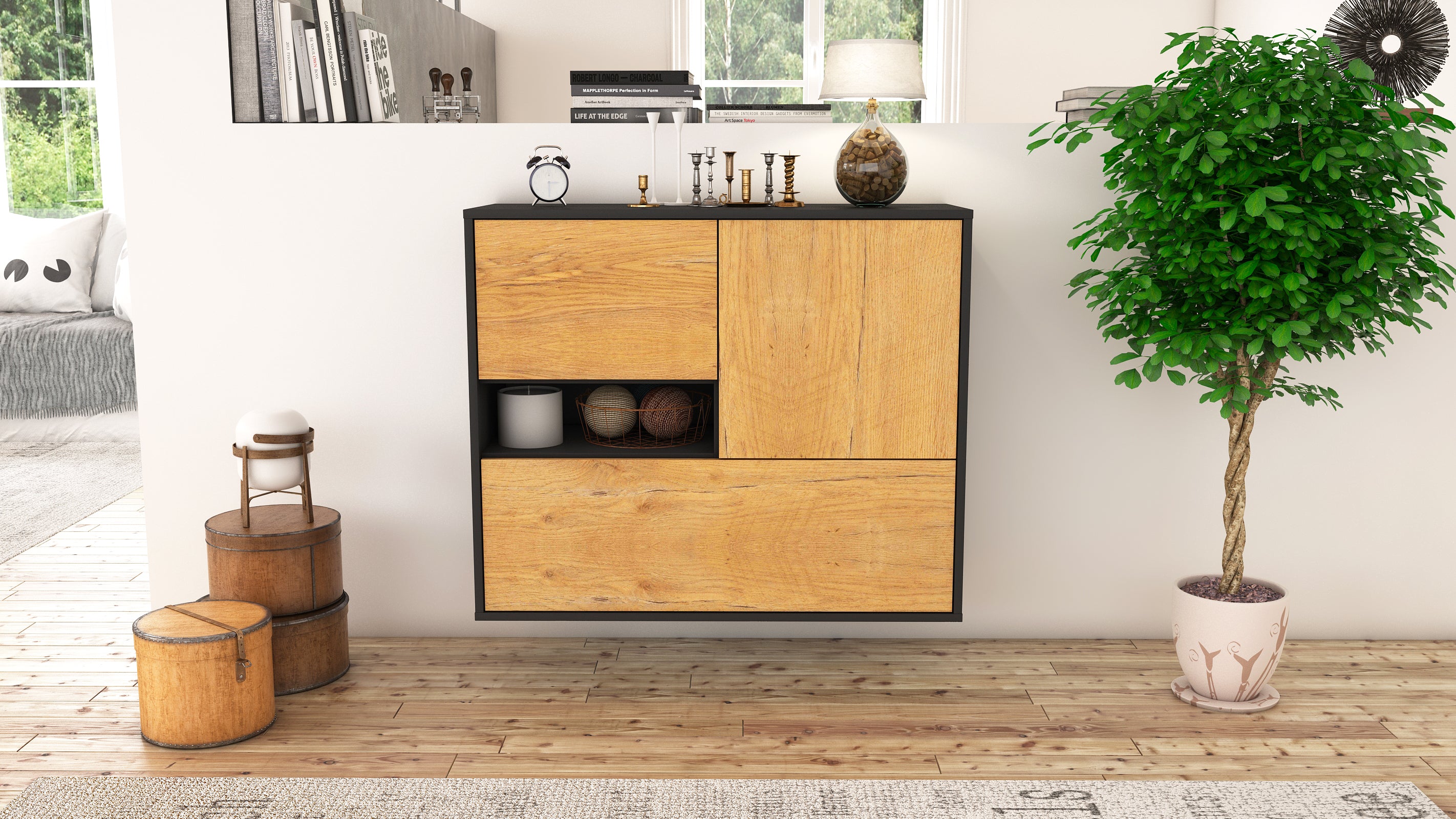 Sideboard - Debora - Design Holzdekor - Wandmontiert mit Push to open  92 cm Anthrazit