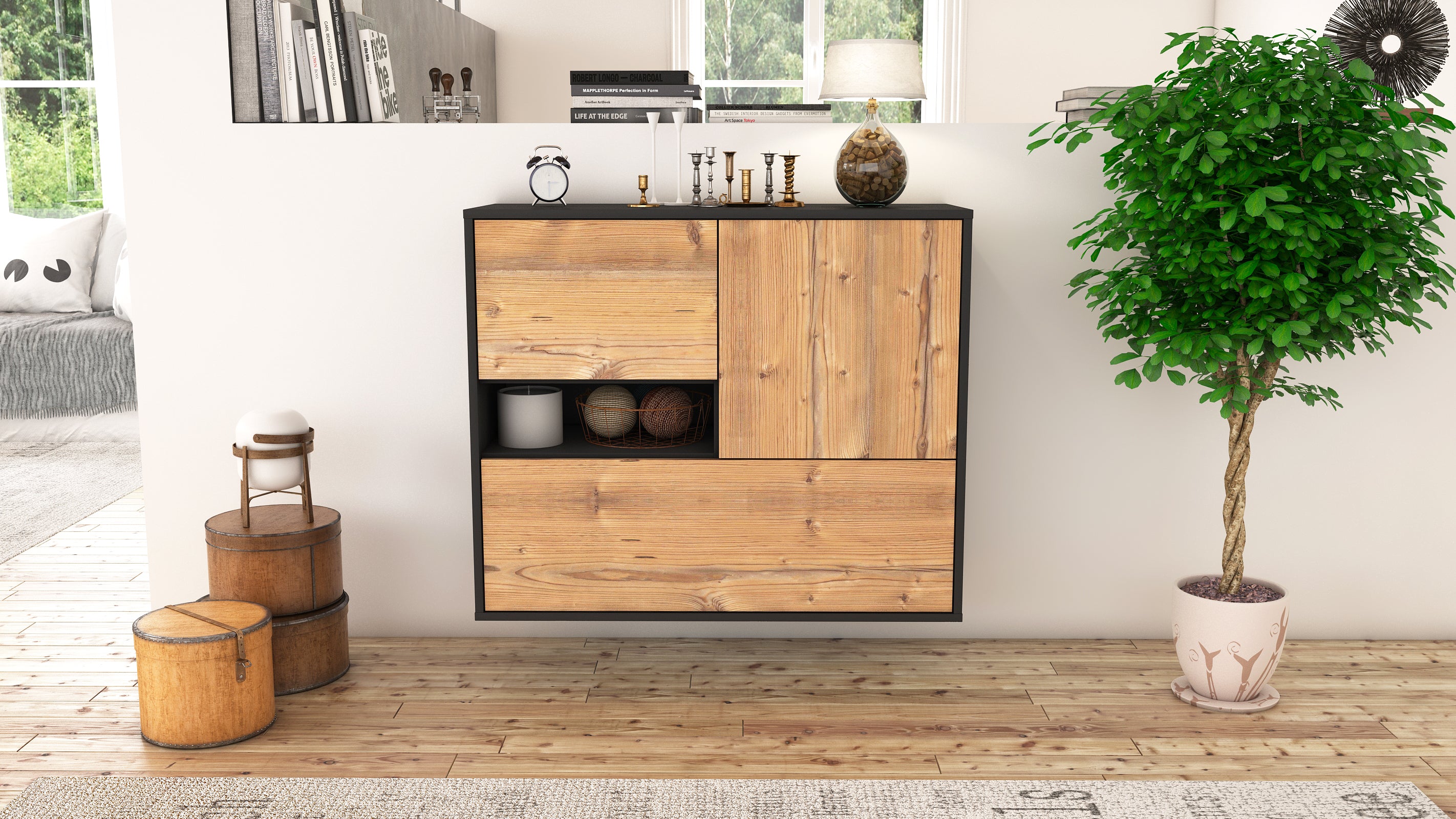Sideboard - Debora - Design Holzdekor - Wandmontiert mit Push to open  92 cm Anthrazit