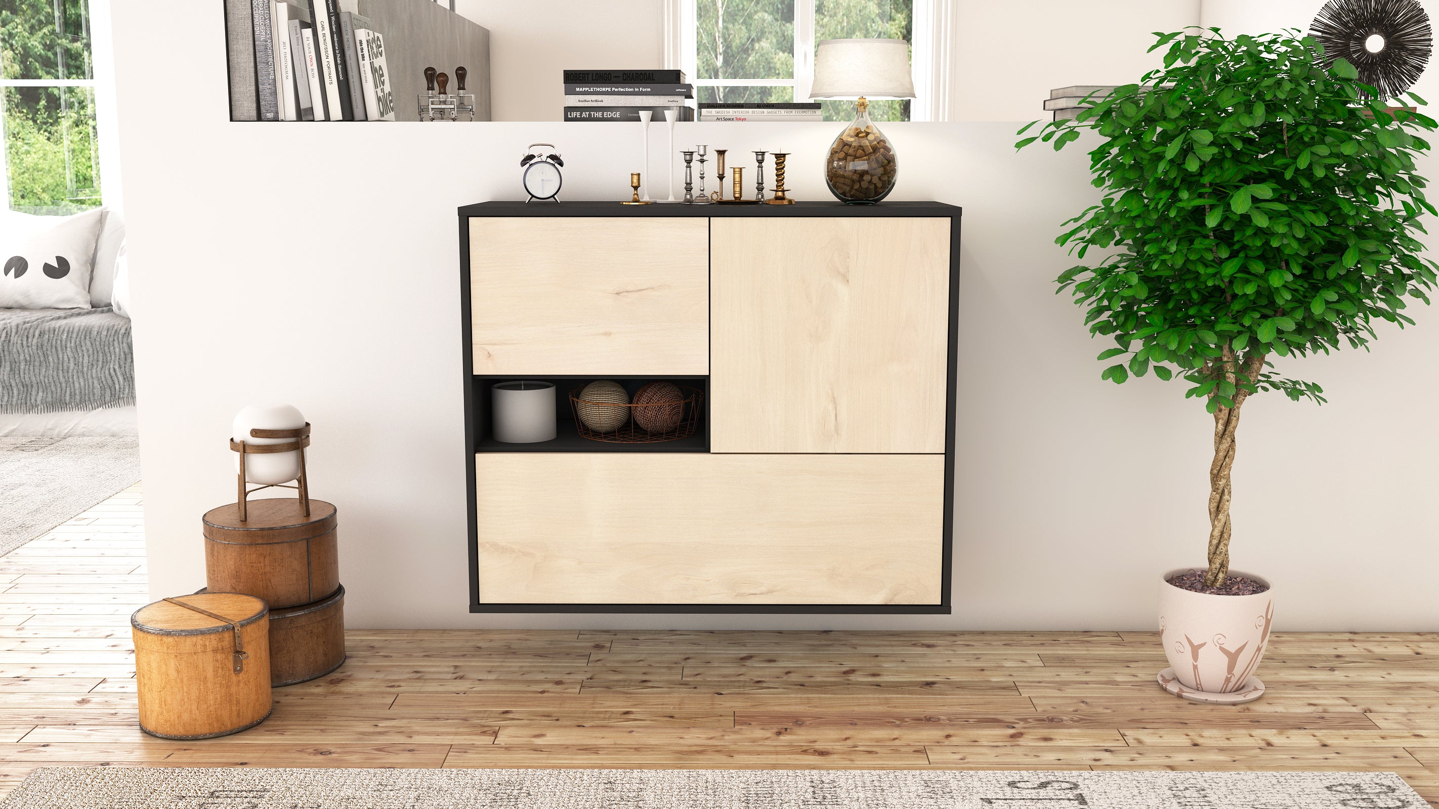 Sideboard - Debora - Design Holzdekor - Wandmontiert mit Push to open  92 cm Anthrazit