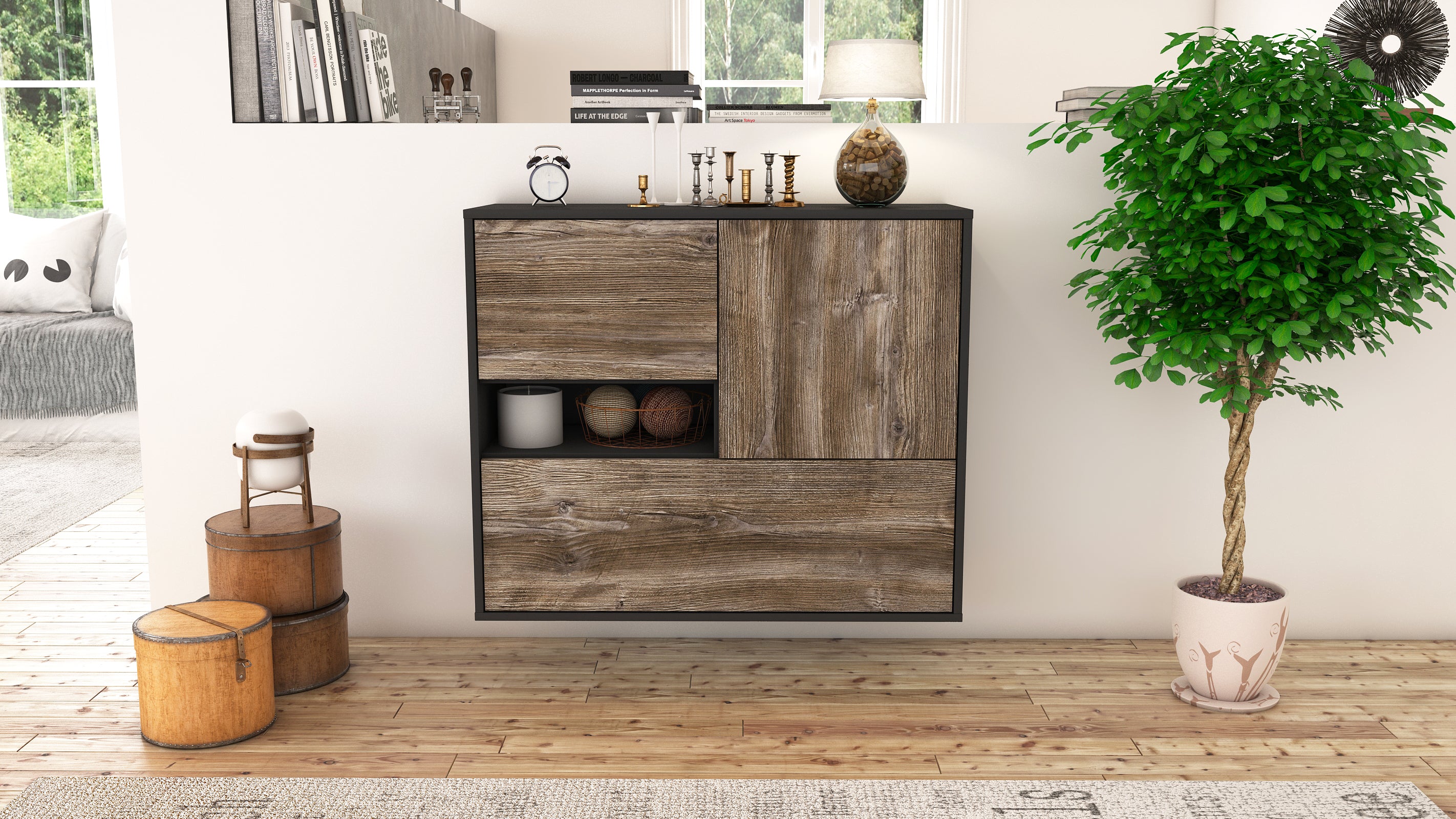 Sideboard - Debora - Design Holzdekor - Wandmontiert mit Push to open  92 cm Anthrazit