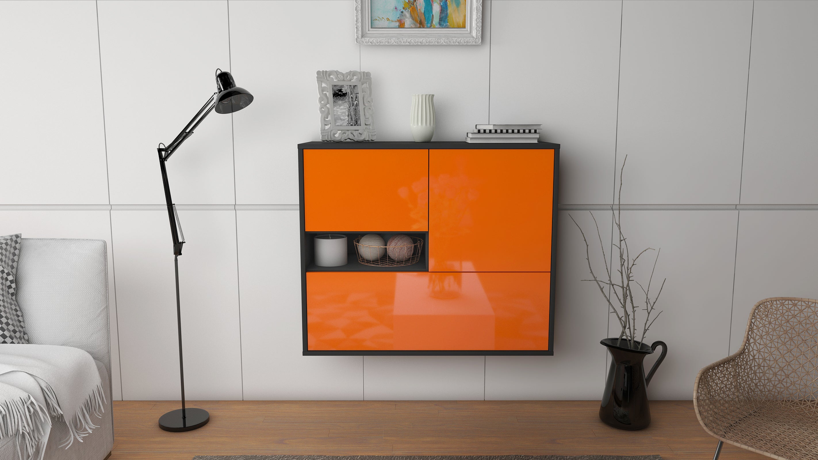 Sideboard - Debora - Design Hochglanz - Wandmontiert mit Push to open  92 cm Anthrazit