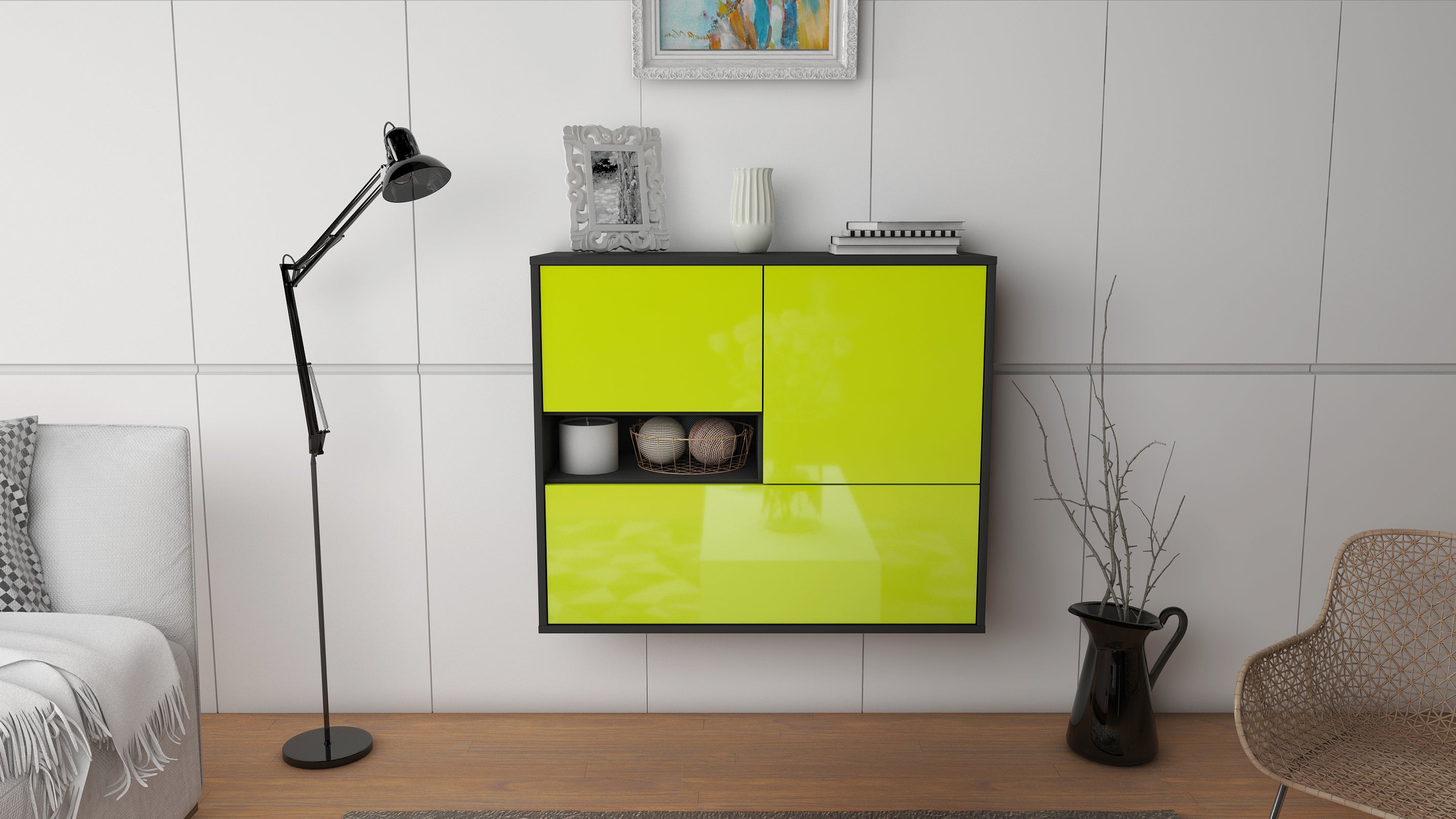 Sideboard - Debora - Design Hochglanz - Wandmontiert mit Push to open  92 cm Anthrazit