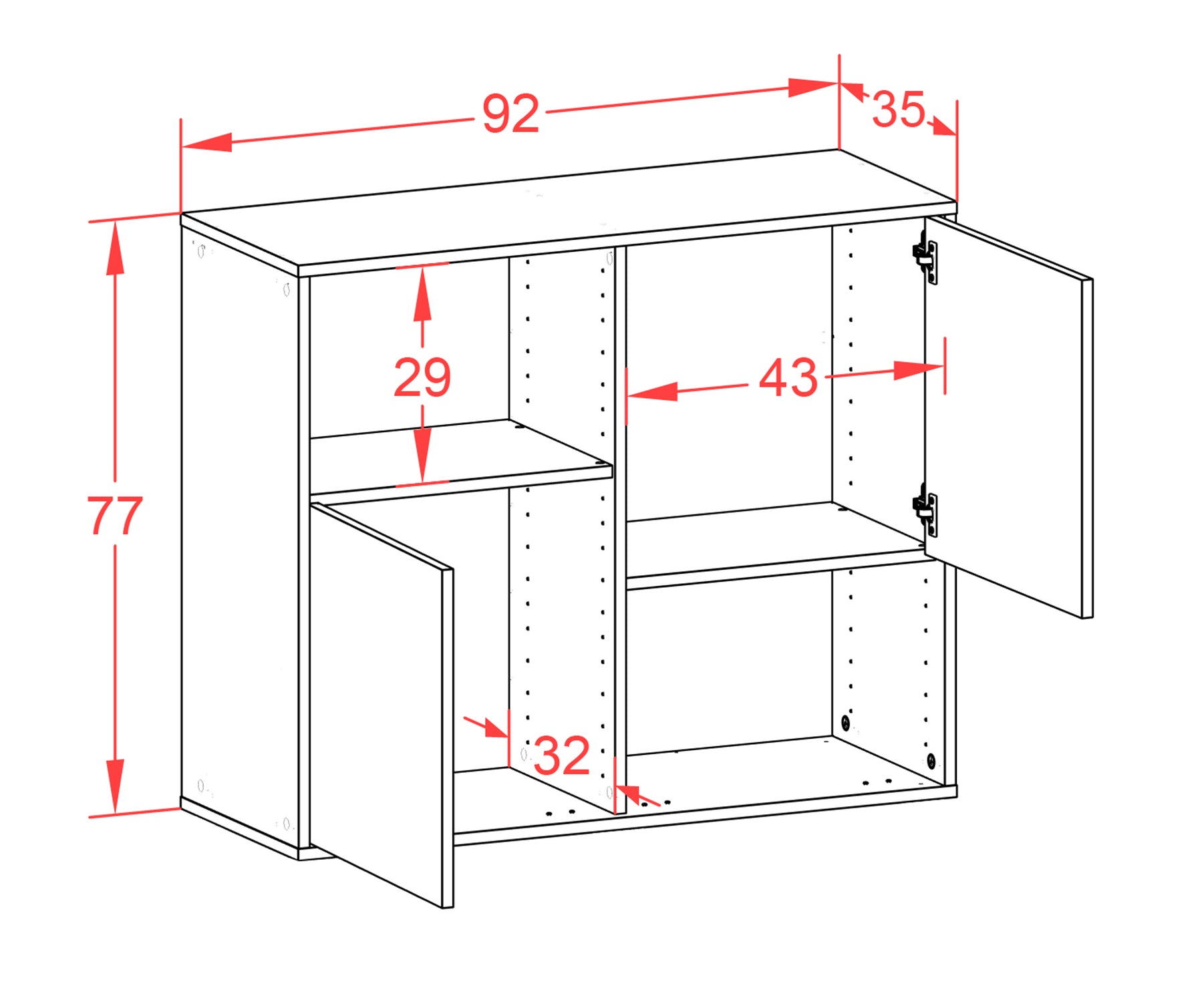 Sideboard - Caralina - Design Farbakzent - Wandmontiert mit Push to open  92 cm Weiss