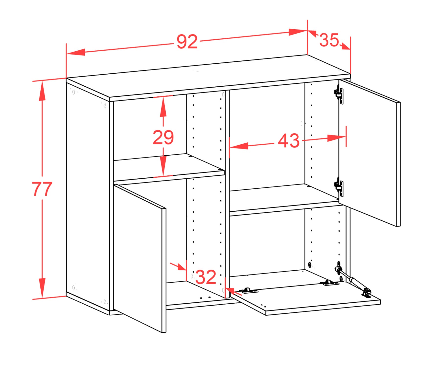 Sideboard - Carina - Design Hochglanz - Wandmontiert mit Push to open  92 cm Weiss