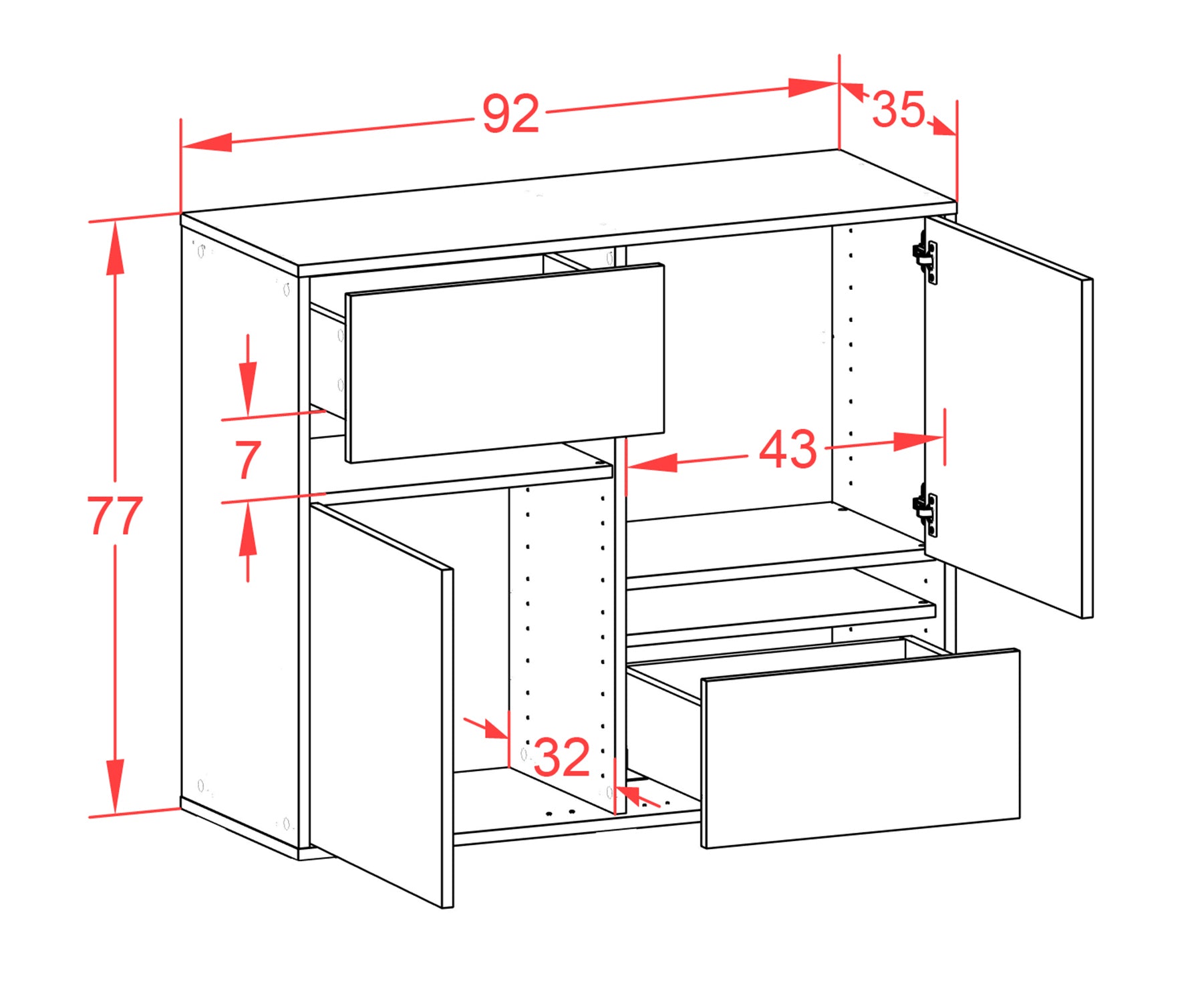 Sideboard - Carlotta - Design Hochglanz - Wandmontiert mit Push to open  92 cm Anthrazit