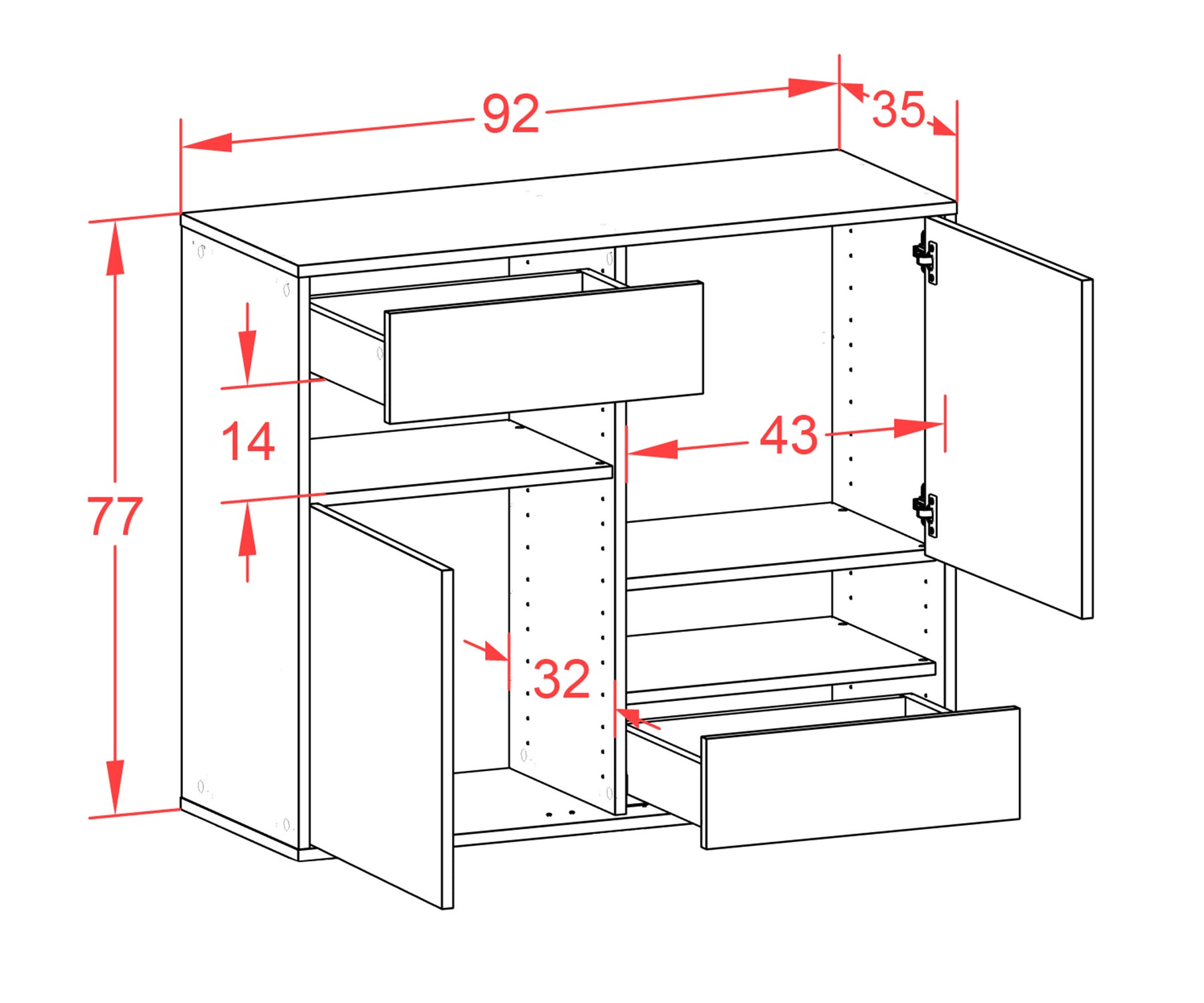 Sideboard - Carmelina - Design Holzdekor - Wandmontiert mit Push to open  92 cm Anthrazit