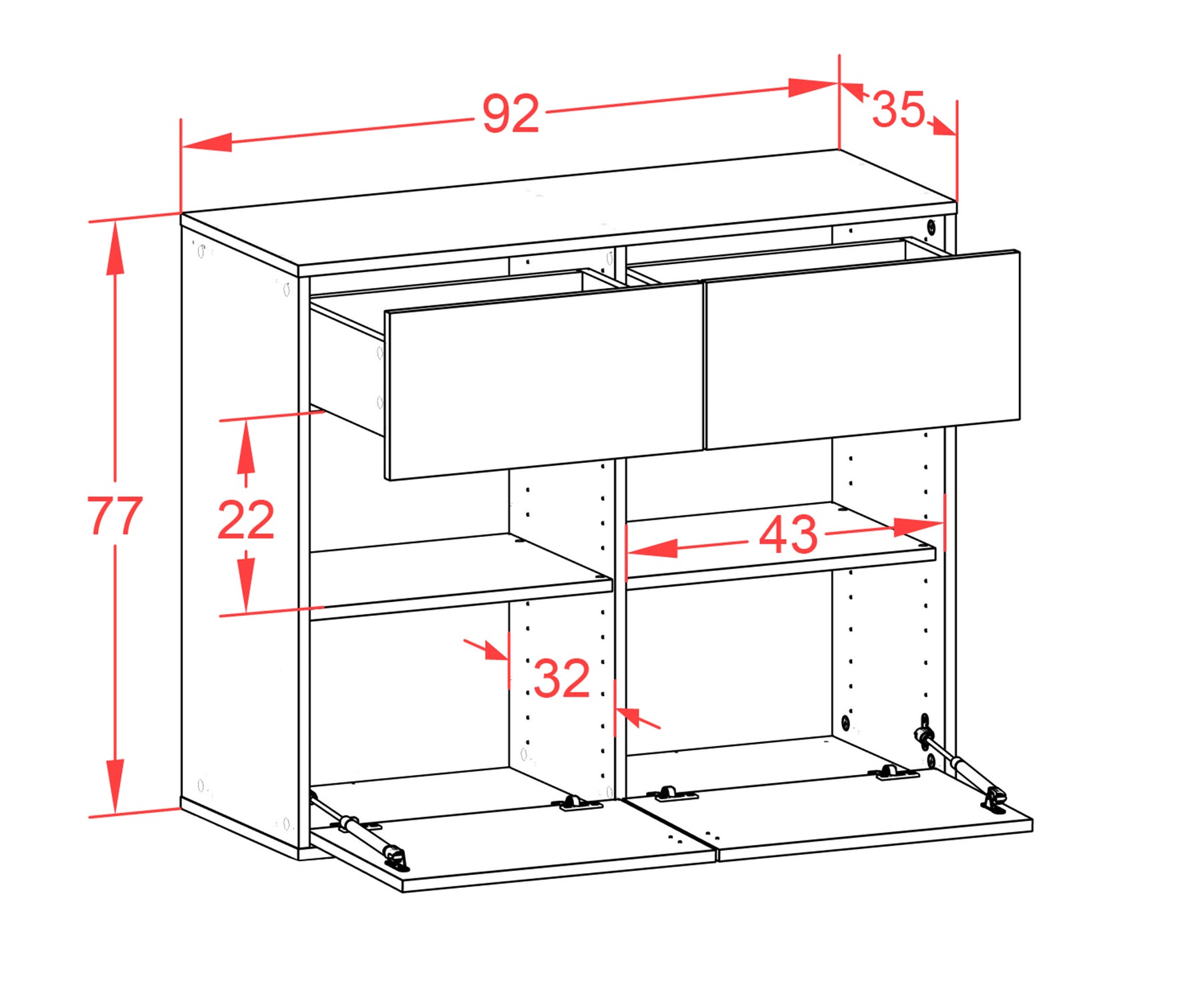 Sideboard - Carmen - Design Hochglanz - Wandmontiert mit Push to open  92 cm Anthrazit